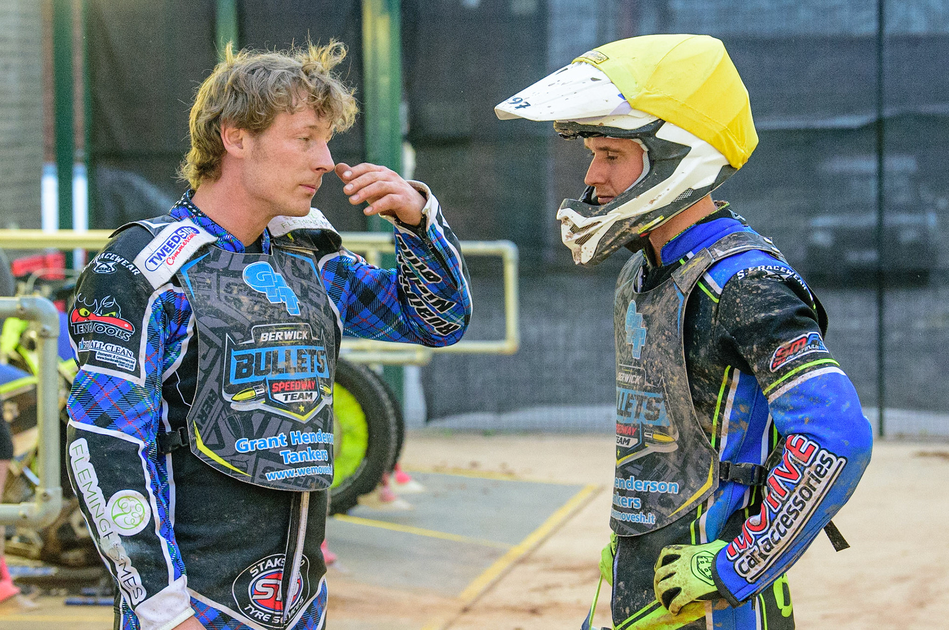 MANCHESTER, UK. JUN 24TH  Greg Blair  (left) chats with team mate Ben Rathbone  during the National Development League match between Belle Vue Colts and Berwick Bullets at the National Speedway Stadium, Manchester on Friday 24th June 2022. (Credit: Ian Charles | MI News)