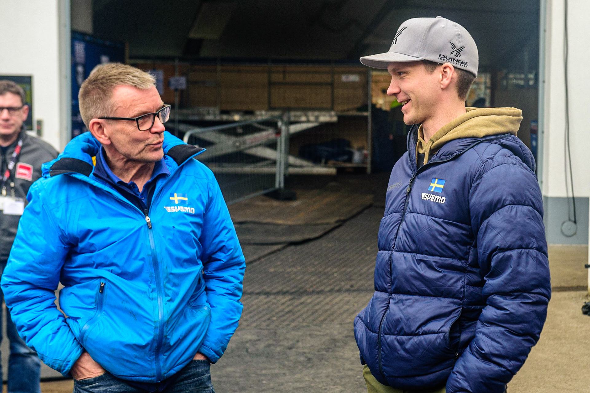 Stefan Svensson (left) chats with son Niclas during the Ice Speedway Gladiators World Championship Final 2 at Max-Aicher-Arena, Inzell, Germany on Sunday 19th March 2023. (Photo: Ian Charles | MI News)