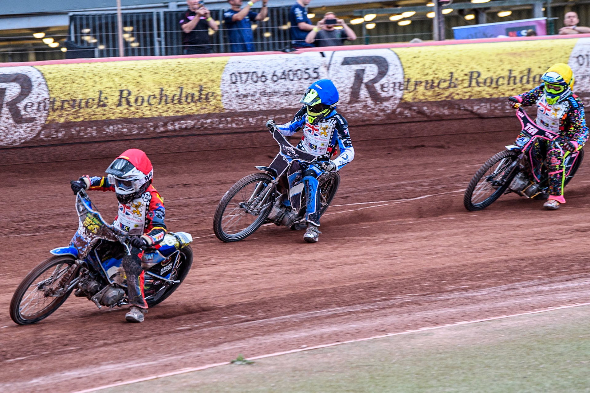 Charlie Fletcher (125cc)  in Red leading Jack Scully-Syer (125cc)  in Blue and Tia May Brant (125cc) in Yellow during the British Youth 500cc Championships at the National Speedway Stadium, Manchester on Friday 2nd August 2024. (Photo: Ian Charles | MI News)