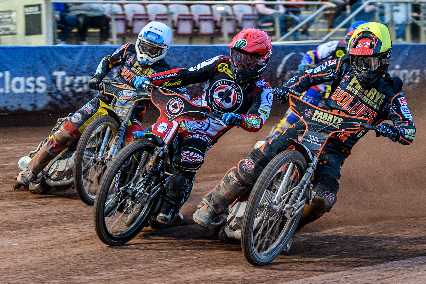 Zach Cook (Yellow) inside Jaimon Lidsey (Red) with Justin Sedgmen (White) on the outside during the Sports Insure Premiership Knock Out Cup Quarter Final 2nd Leg between Belle Vue Aces and Wolverhampton Wolves at the National Speedway Stadium, Manchester on Thursday 18th May 2023. (Photo: Ian Charles | MI News)