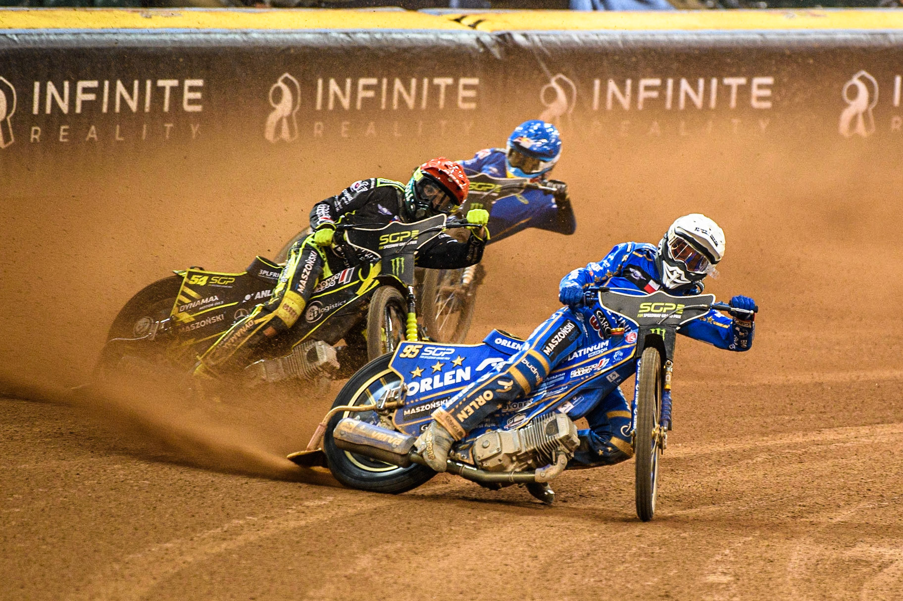 Bartosz Zmarzlik (95) (White) leads  Martin Vaculik (54) (Red) and Robert Lambert (505) (Blue) during the FIM Speedway Grand Prix of Great Britain at the Principality Stadium, Cardiff on Saturday 2nd September 2023. (Photo: Ian Charles | MI News)