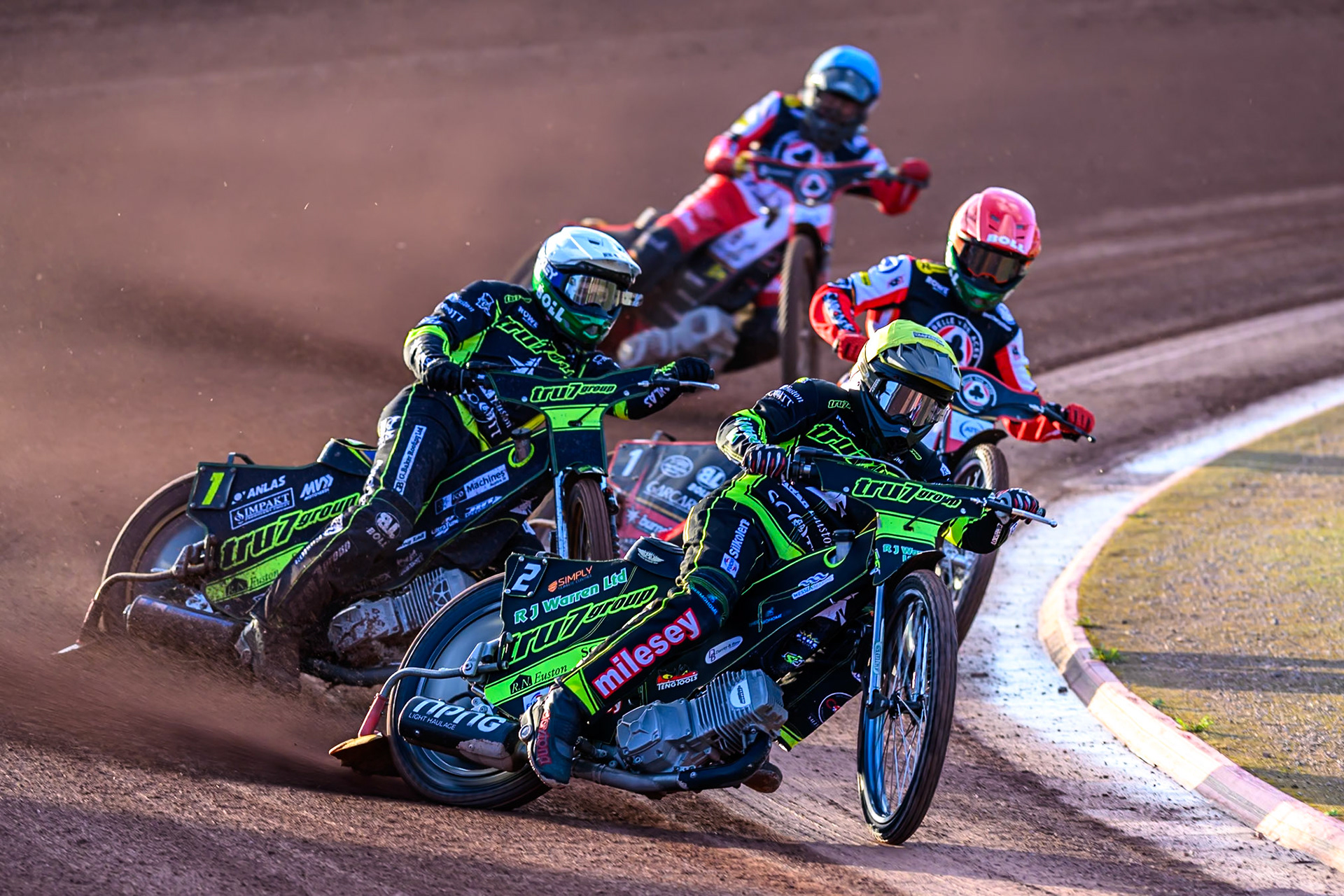 Danny King of Ipswich Witches  in Yellow leading Jason Doyle of Ipswich Witches  in White, Brady Kurtz of Belle Vue Aces  in Red and Norick Blödorn of Belle Vue Aces  in Blue during the Rowe Motor Oil Premiership match between Belle Vue Aces and Ipswich Witches at the National Speedway Stadium, Manchester on Monday 4th August 2025. (Photo: Ian Charles | MI News)