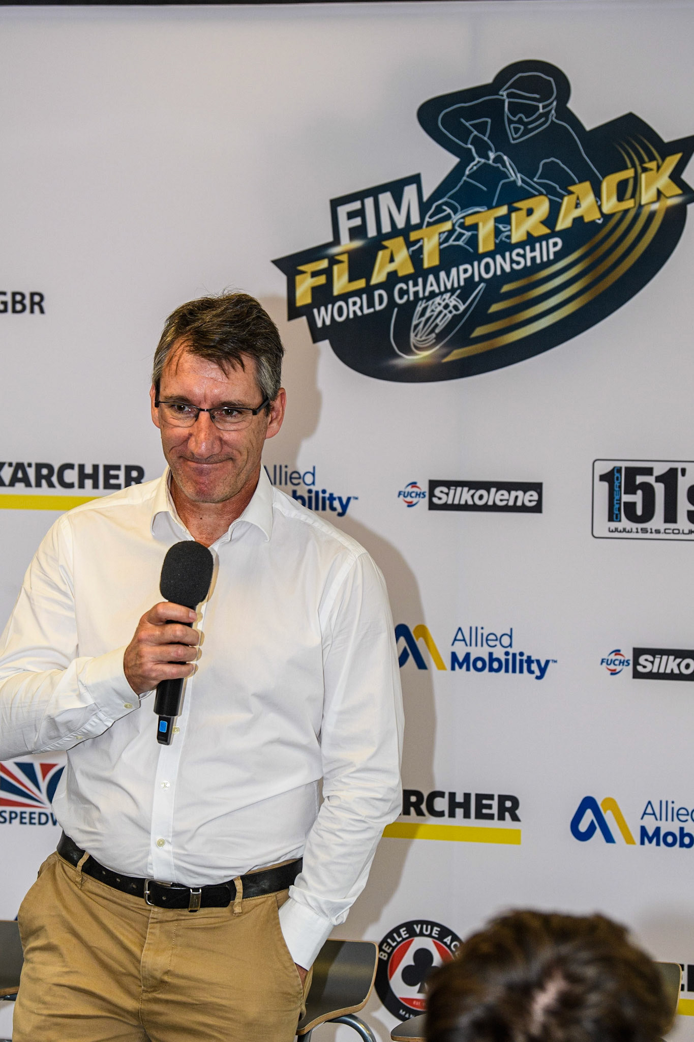 Belle Vue CEO Mark Lemon welcomes everyone to the FIM Press launch during the FIM Flat Track World Championship &amp; FIM Women's Speedway Academy Launch at the National Speedway Stadium, Manchester on Monday 3rd July 2023. (Photo: Ian Charles | MI News)