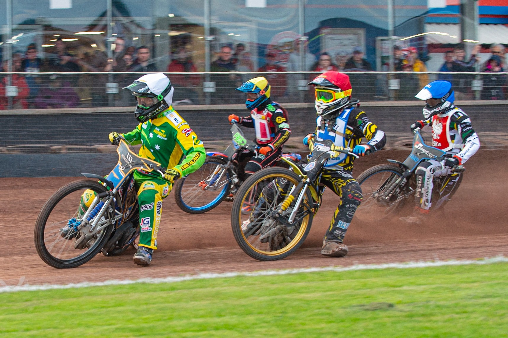 Photo by Ian Charles:

Chris Holder (White) leads Tero Aarnio (Red) Dimitri Bergé (Yellow) and Sebastian Niedźwiedź (Red)

FIM Speedway Grand Prix World Championship - Qualifying Round 1, Peugeot Ashfield Stadium, Glasgow, 8 June 2019