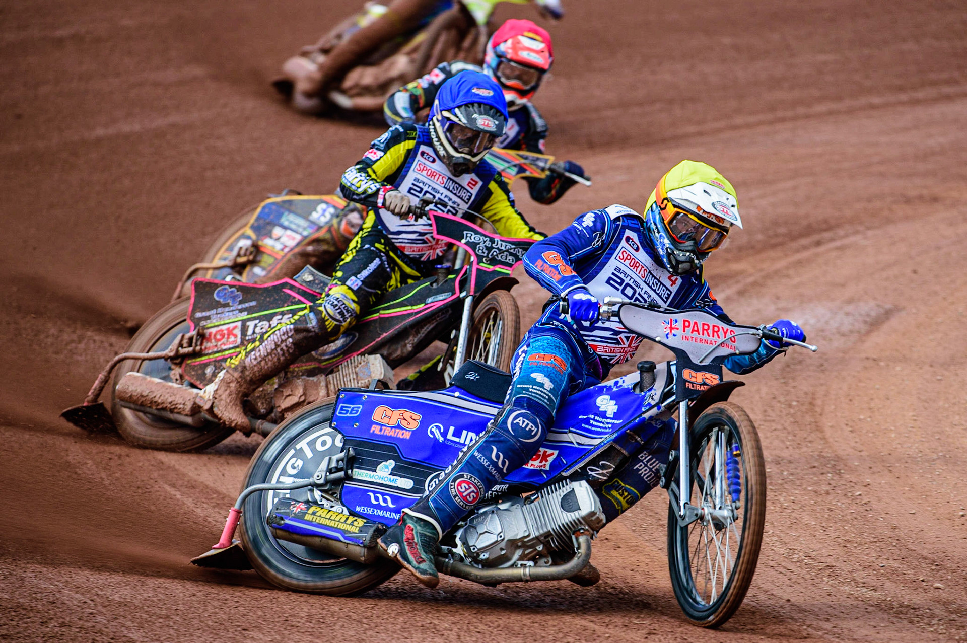 Steve Worrall (Yellow) leads Leon Flint  (Blue), and Connor Mountain  (Red) during the Sports Insure British Speedway Final, at the National Speedway Stadium, Manchester, on Sunday 18th September 2022. (Credit: Ian Charles | MI News )