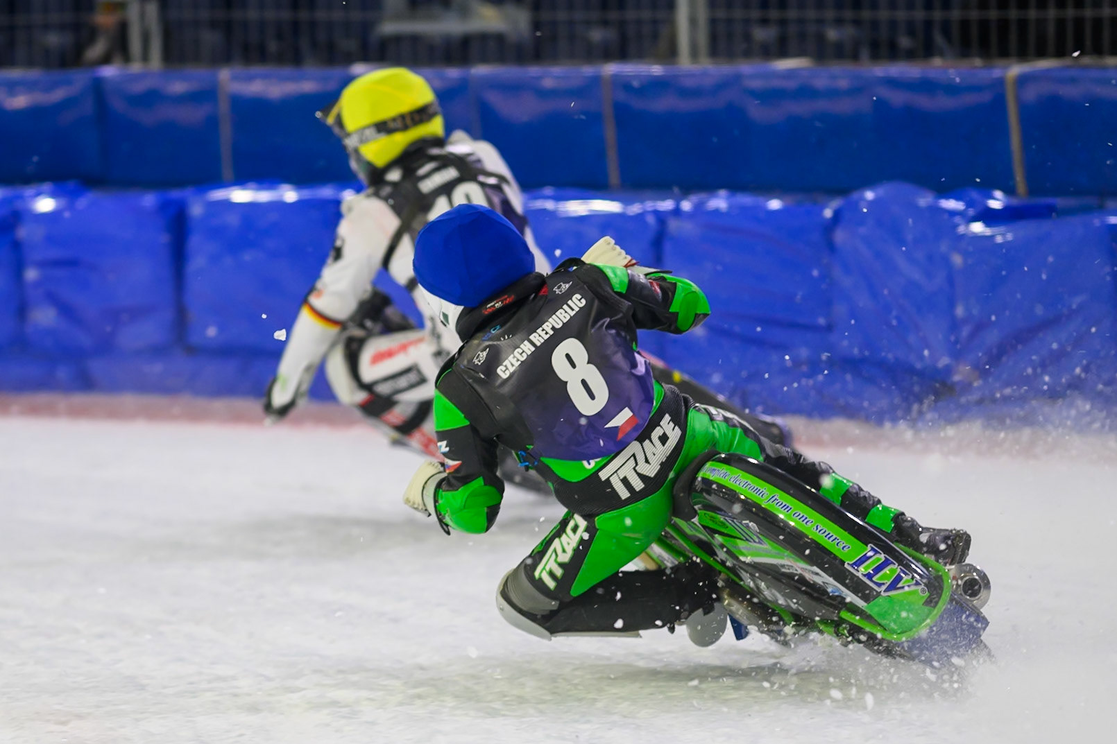 Andrej Diviš (8) of Czechia  in Blue chases Christoph Kirchner (10) of Germany in Yellow during the FIM Ice Speedway Of Nations at Ice Rink Thialf, Heerenveen on Sunday 12th April 2026. (Photo: Ian Charles | MI News)