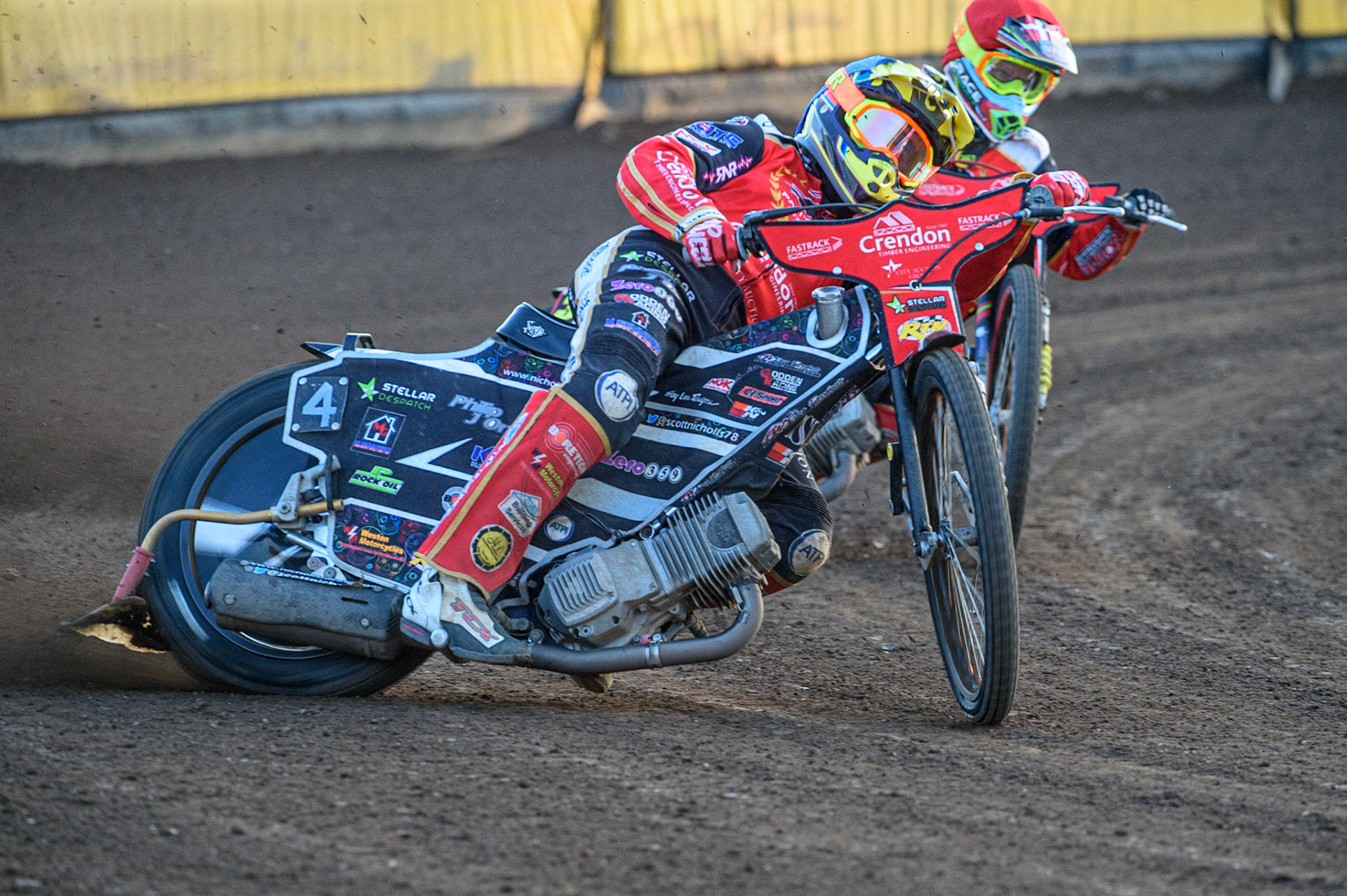 PETERBOROUGH, UK. JULY 19TH Scott Nicholls  (Blue) leads Michael Palm-Toft  (Red)  during the SGB Premiership match between Peterborough and Belle Vue Aces at East of England Showground, Peterborough on Monday 19th July 2021. (Credit: Ian Charles | MI News)