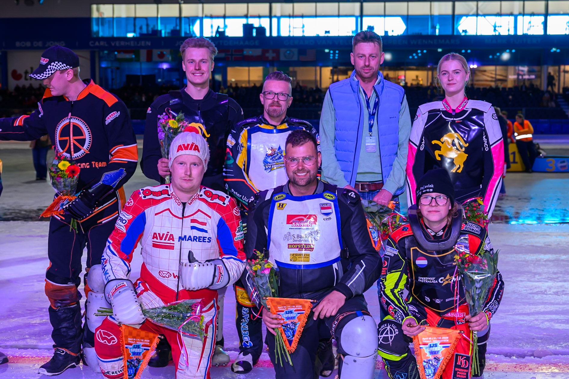 The Dutch team: Rear (L to R) Sebastian Reitsma, Leon Kramer, Remon Huizinga, Karim Boezerooy, Amber Kramer. Kneeling: (L to R) Niek Schaap, Aron Schokker, Niek Meijerink during the ROELOF THIJS BOKAAL at Ice Rink Thialf, Heerenveen on Friday 10th April 2026.  (Photo: Ian Charles | MI News)