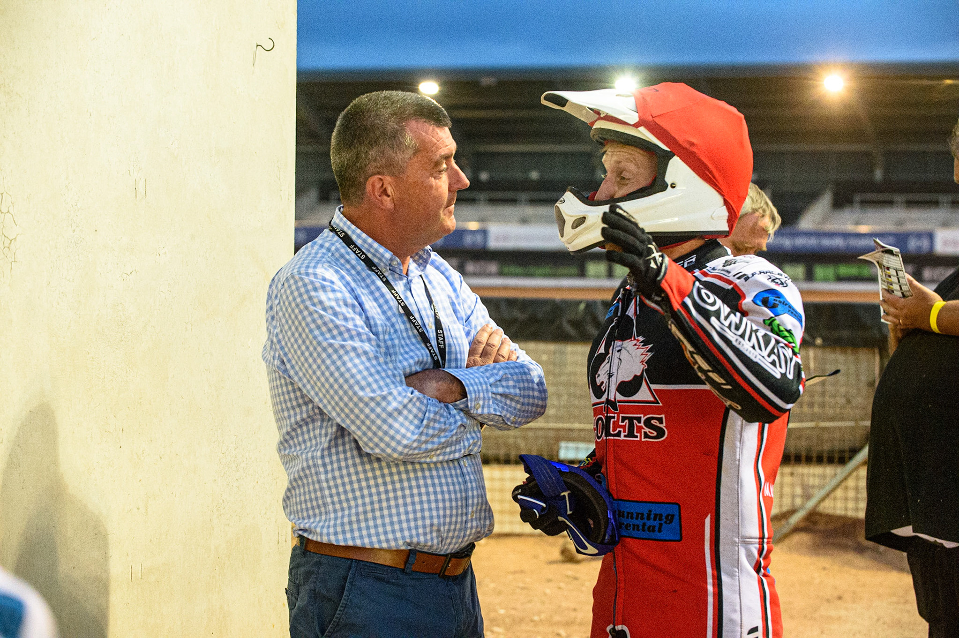 MANCHESTER, UK. JULY 23RD Belle Vue CEO Adrian Smith (left) chats with Paul Bowen   during the National Development League match between Belle Vue Colts and Eastbourne Seagulls at the National Speedway Stadium, Manchester on Friday 23rd July 2021. (Credit: Ian Charles | MI News)
