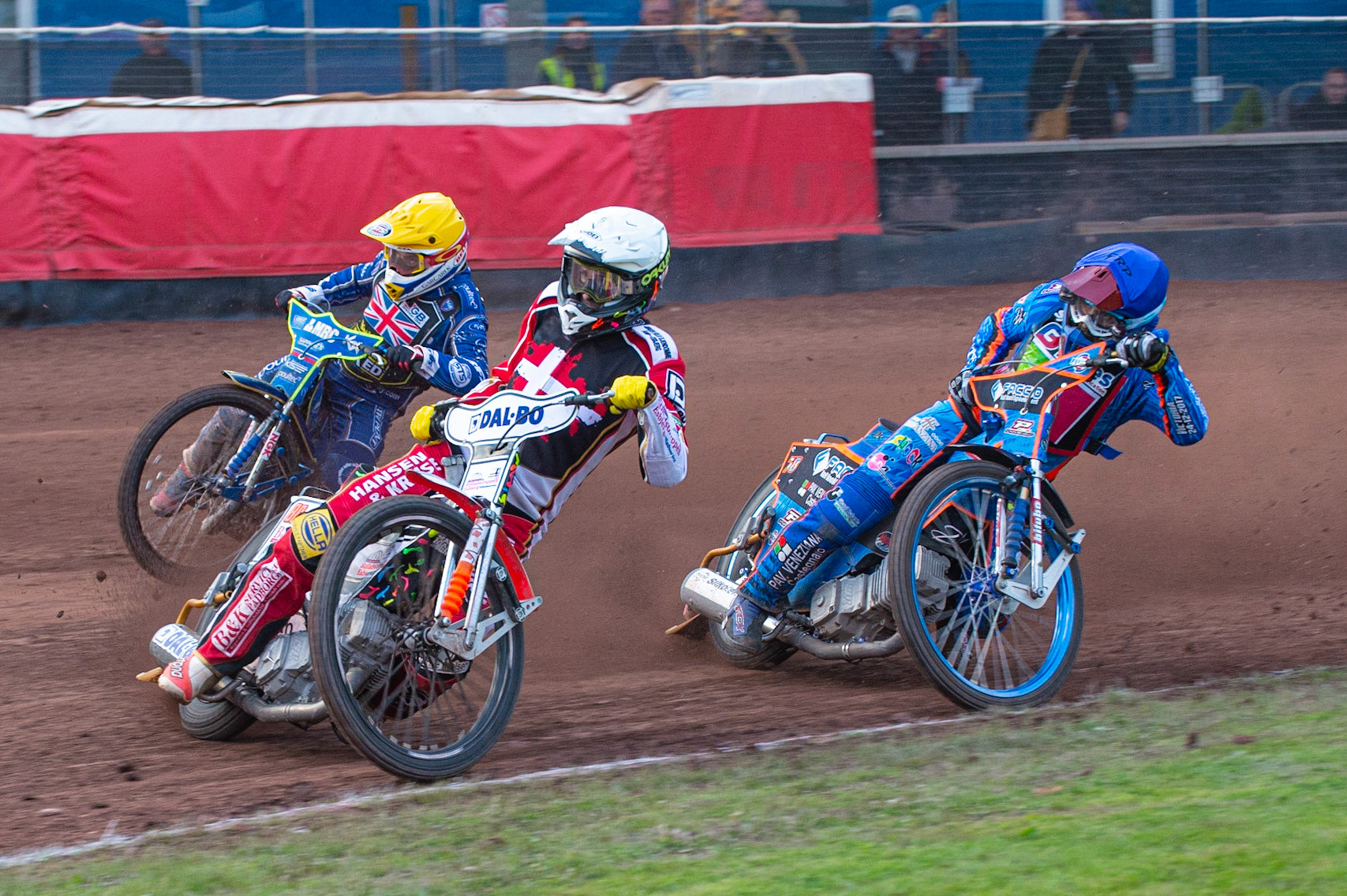 Photo by Ian Charles:

Niels-Kristian Iversen (White) inside Robert Lambert (Yellow) and Nico Covatti (Blue)

FIM Speedway Grand Prix World Championship - Qualifying Round 1, Peugeot Ashfield Stadium, Glasgow, 8 June 2019