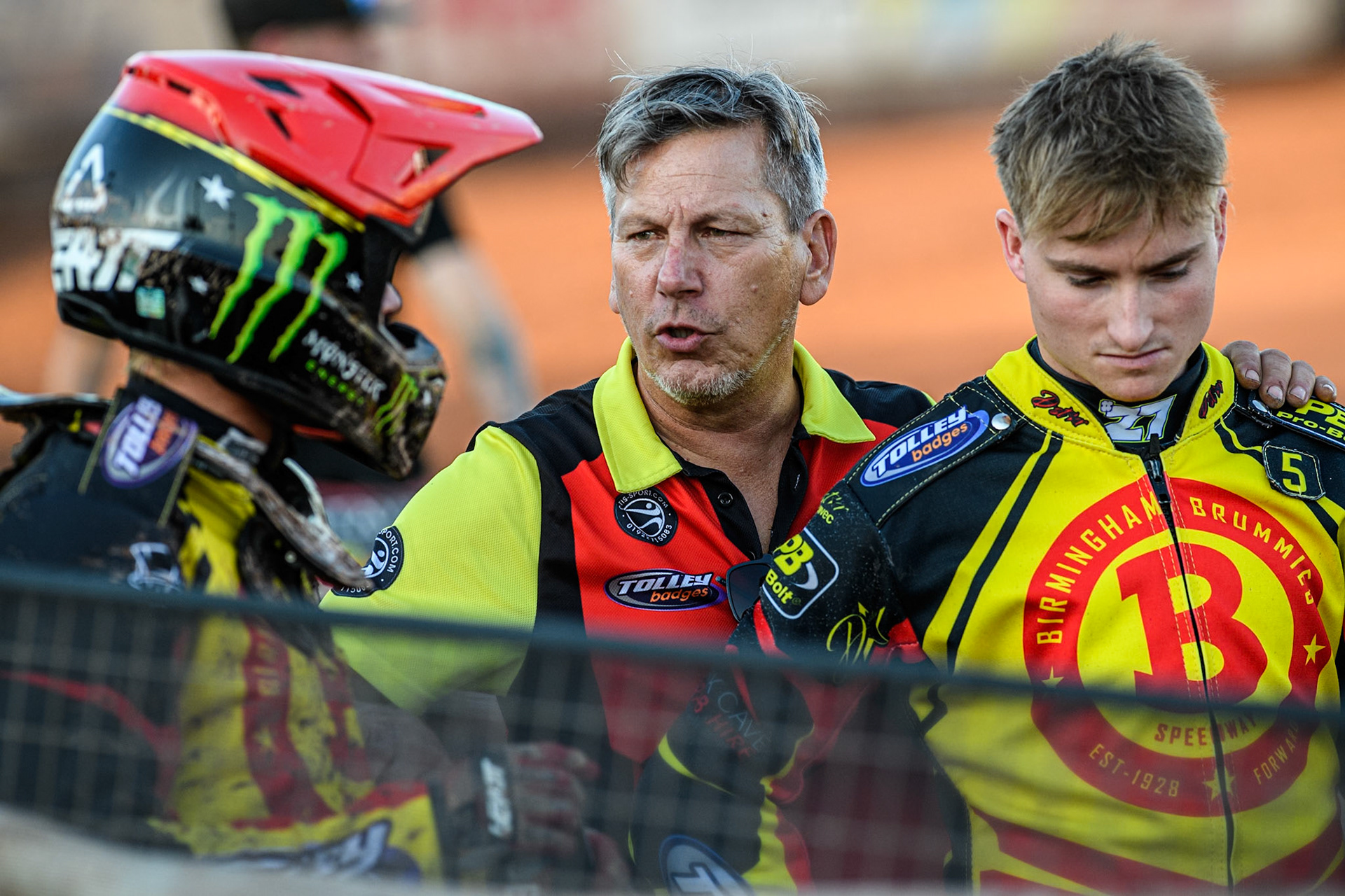 (L to R): Birmingham Brummies' Freddie Lindgren Birmingham Brummies' Team Manager Sam Ermolenko and Birmingham Brummies' Tom Brennan during the Rowe Motor Oil Premiership match between Birmingham Brummies and Belle Vue Aces at Perry Bar Stadium, Birmingham on Monday 29th July 2024. (Photo: Ian Charles | MI News)