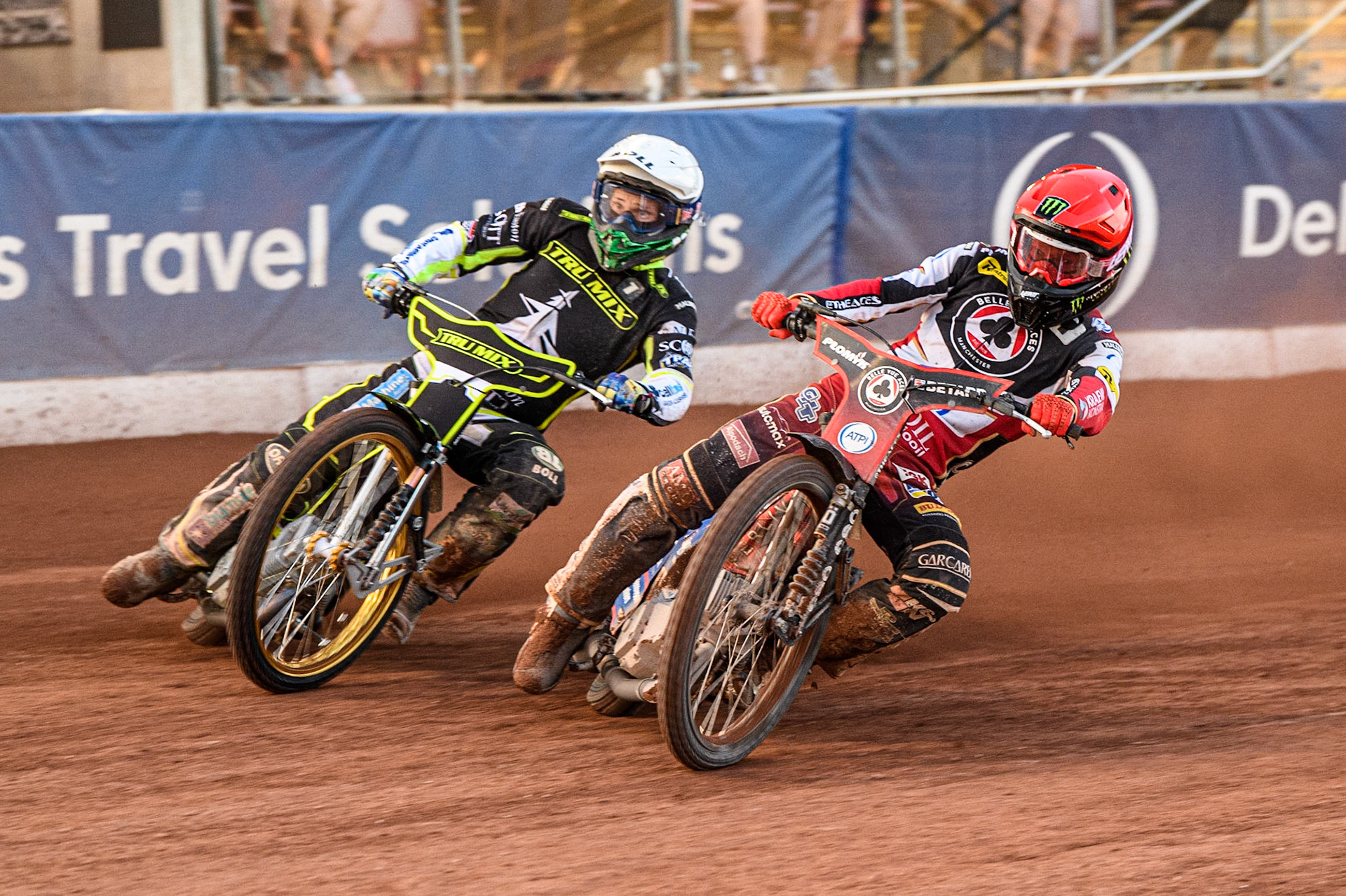 Dan Bewley (Red) passes Jason Doyle (White) during the Sports Insure Premiership match between Belle Vue Aces and Ipswich Witches at the National Speedway Stadium, Manchester on Monday 5th June 2023. (Photo: Ian Charles | MI News)