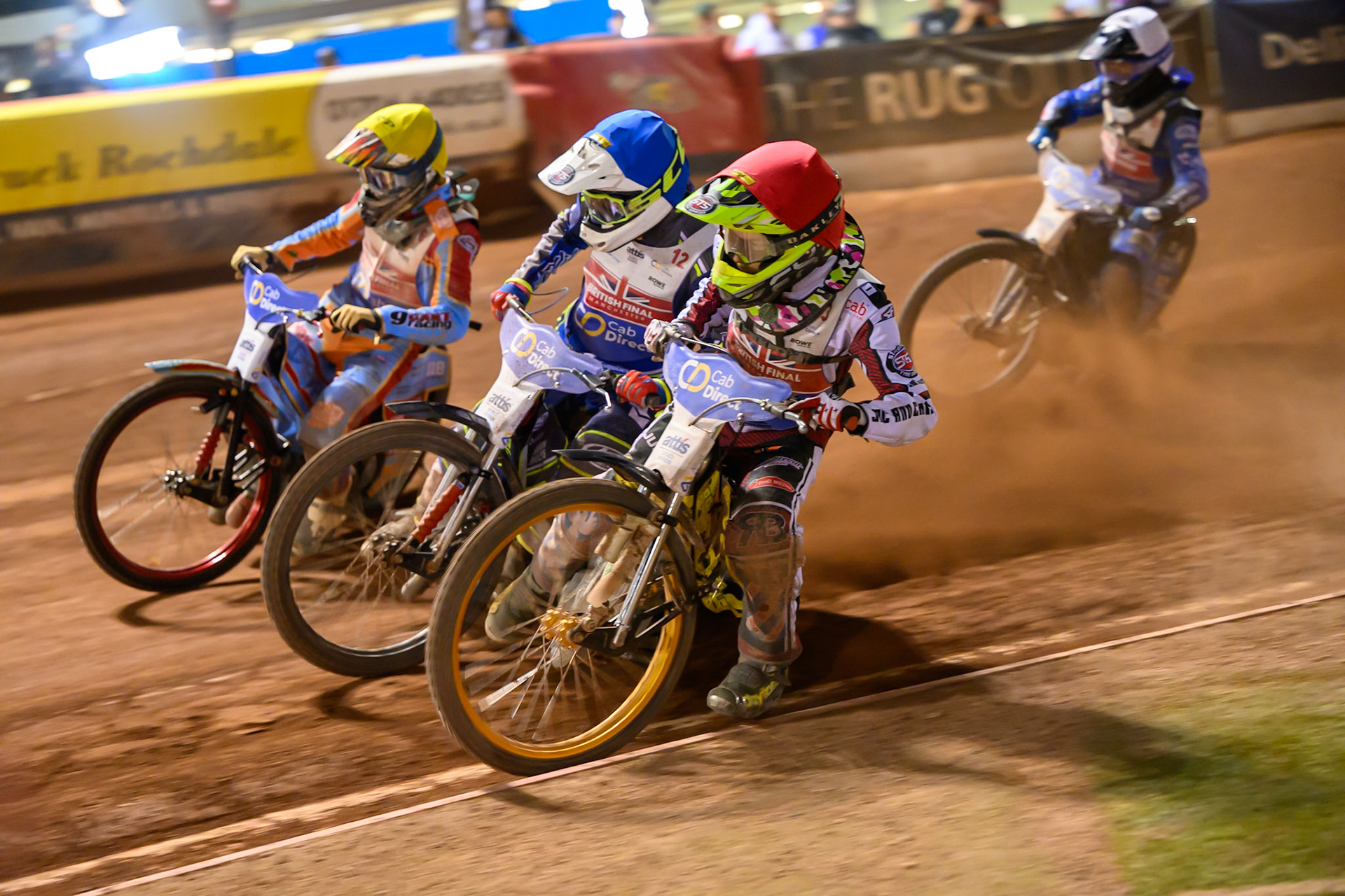 Ace Pijper (3) in Red on the inside of Jake Mulford (12) in Blue  and Drew Kemp (6) in Yellow  with Jody Scott (13) in White  behind during the Cab Direct British Speedway Championship Final at the National Speedway Stadium, Manchester on Saturday 15th August 2026. (Photo: Ian Charles | MI News)