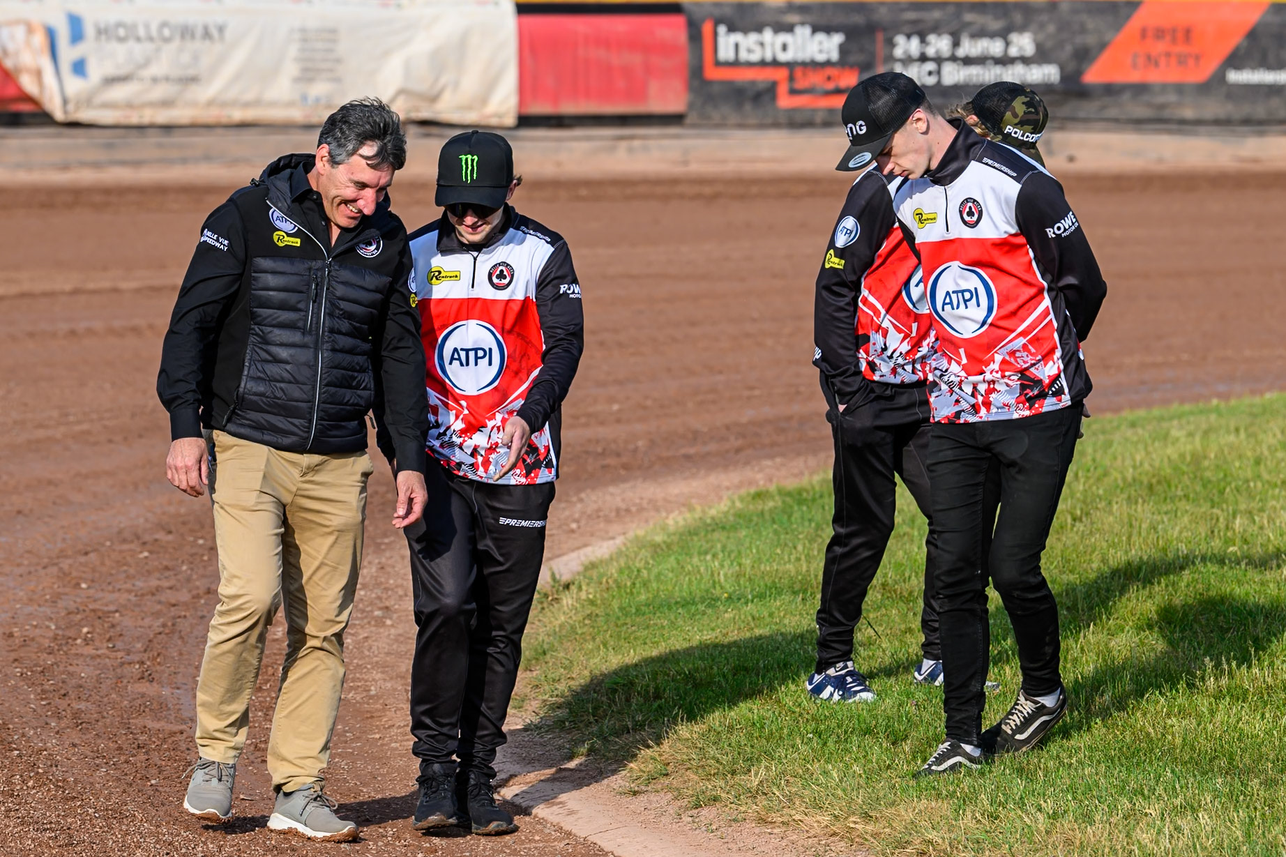 Belle Vue Aces' Team Manager Mark Lemon with other members of the Belle Vue ATPI Aces on their track walk during the Rowe Motor Oil Premiership match between Birmingham Brummies and Belle Vue Aces at Perry Bar Stadium, Birmingham on Monday 2nd June 2025. (Photo: Ian Charles | MI News)