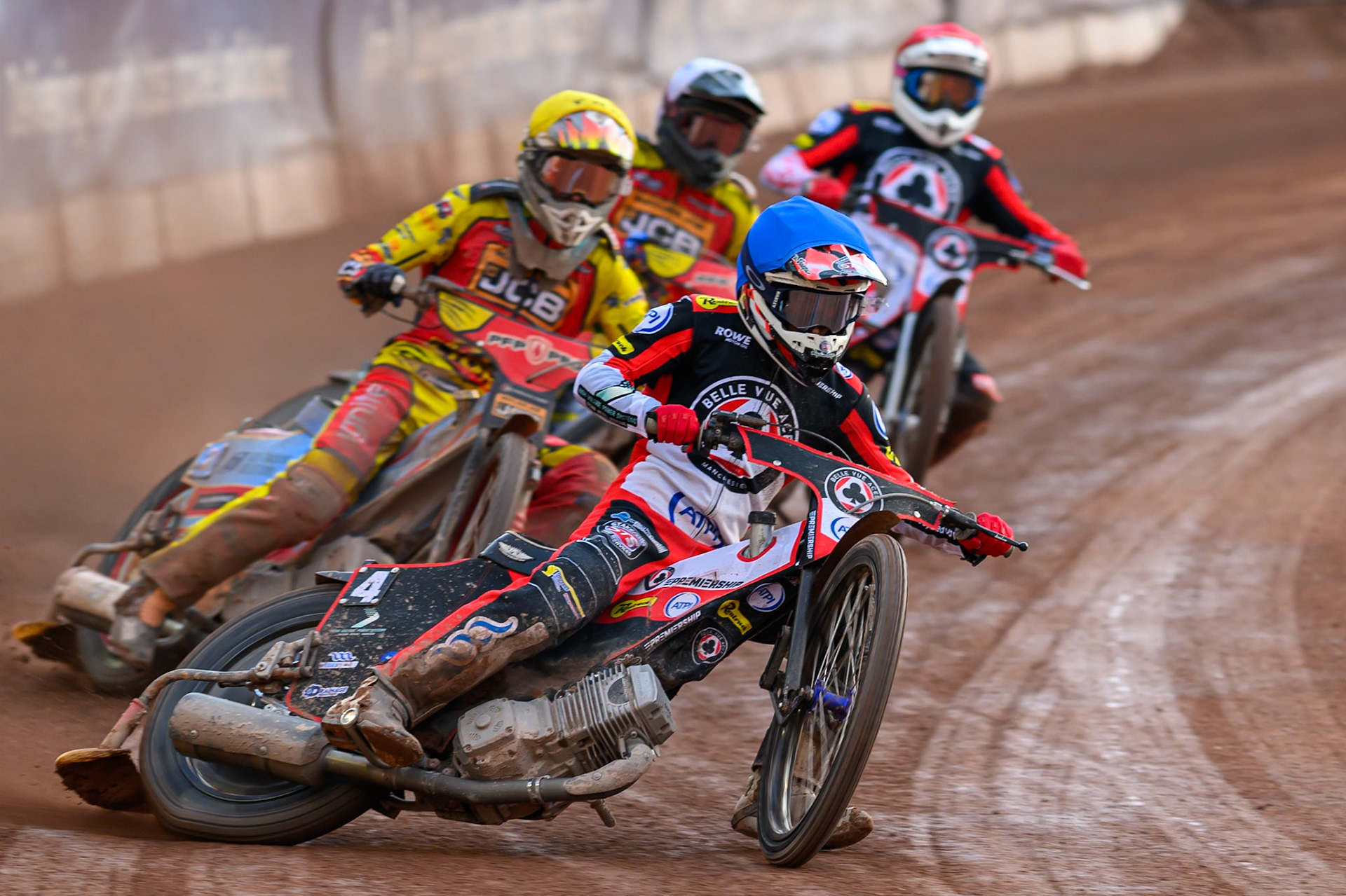 Zach Cook of Belle Vue Aces in Blue leading Drew Kemp of Leicester Lions in Yellow Ryan Douglas of Leicester Lions in White  and Peter Kildemand of Belle Vue Aces in Red during the Rowe Motor Oil Premiership match between Belle Vue Aces and Leicester Lions at the National Speedway Stadium, Manchester on Monday 3rd August 2026. (Photo: Ian Charles | MI News)