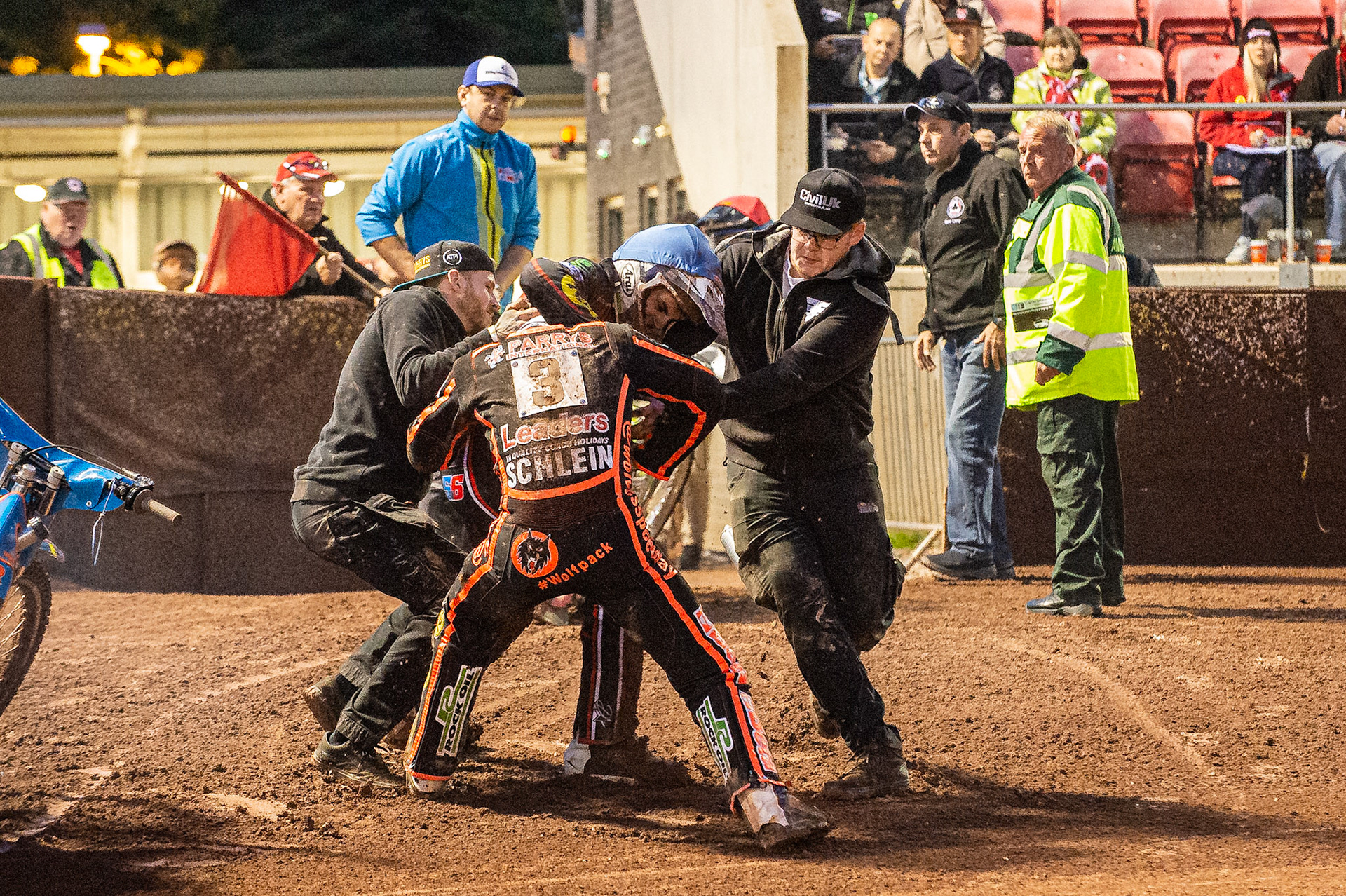 Photo by Ian Charles:

A scuffle breaks out between Rory Schlein  and Steve Worrall  after heat 10 

Belle Vue Aces v Wolverhampton Wolves, SGB Premiership, National Speedway Stadium, Manchester, Monday, 19, August, 2019