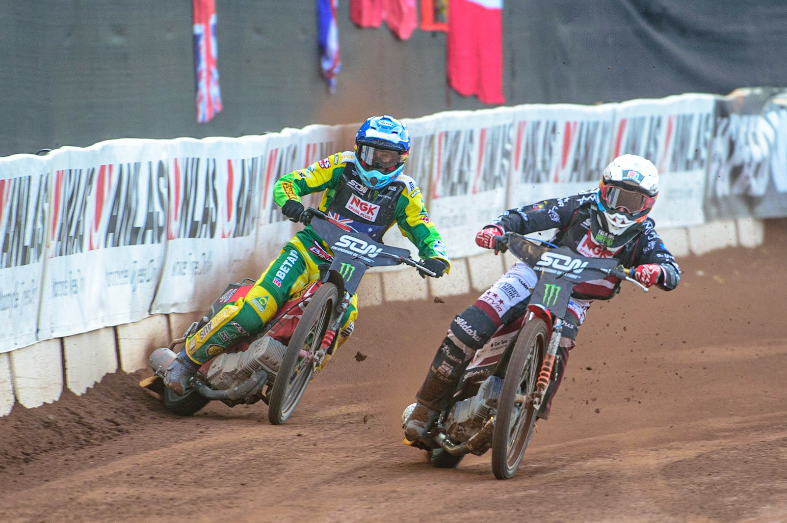MANCHESTER, UK. OCT 16TH Andzejs Lebedevs of Latvia (White) passes Max Fricke of Australia (Blue) during the Monster Energy FIM Speedway of Nations at the National Speedway Stadium, Manchester on Saturday  16th October 2021. (Credit: Ian Charles | MI News)