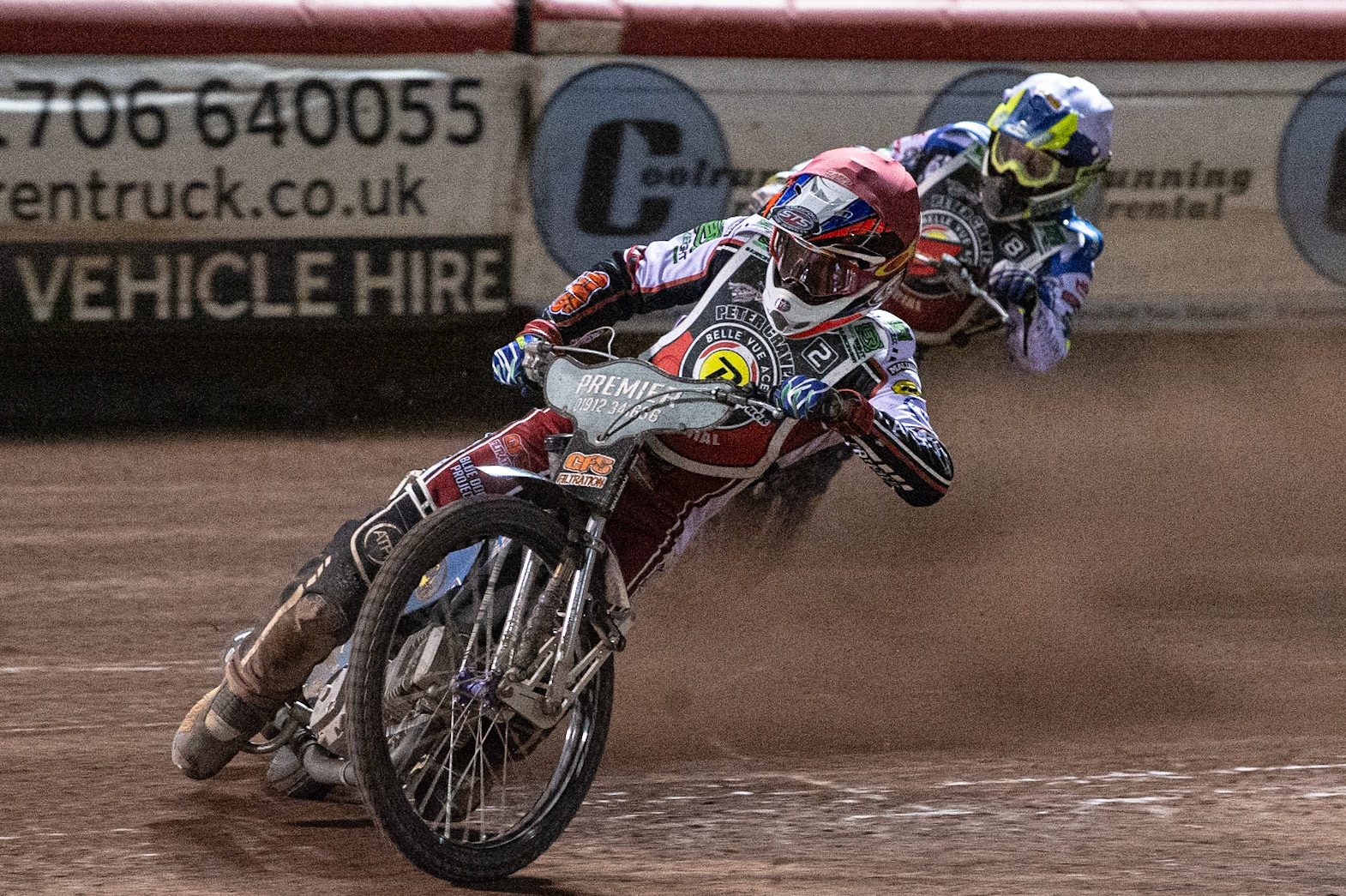 Photo: Ian CharlesSteve Worrall (Red) leads Chris Harris (White)Peter Craven Memorial Trophy, National Speedway Stadium, Manchester Thursday  22  October  2020