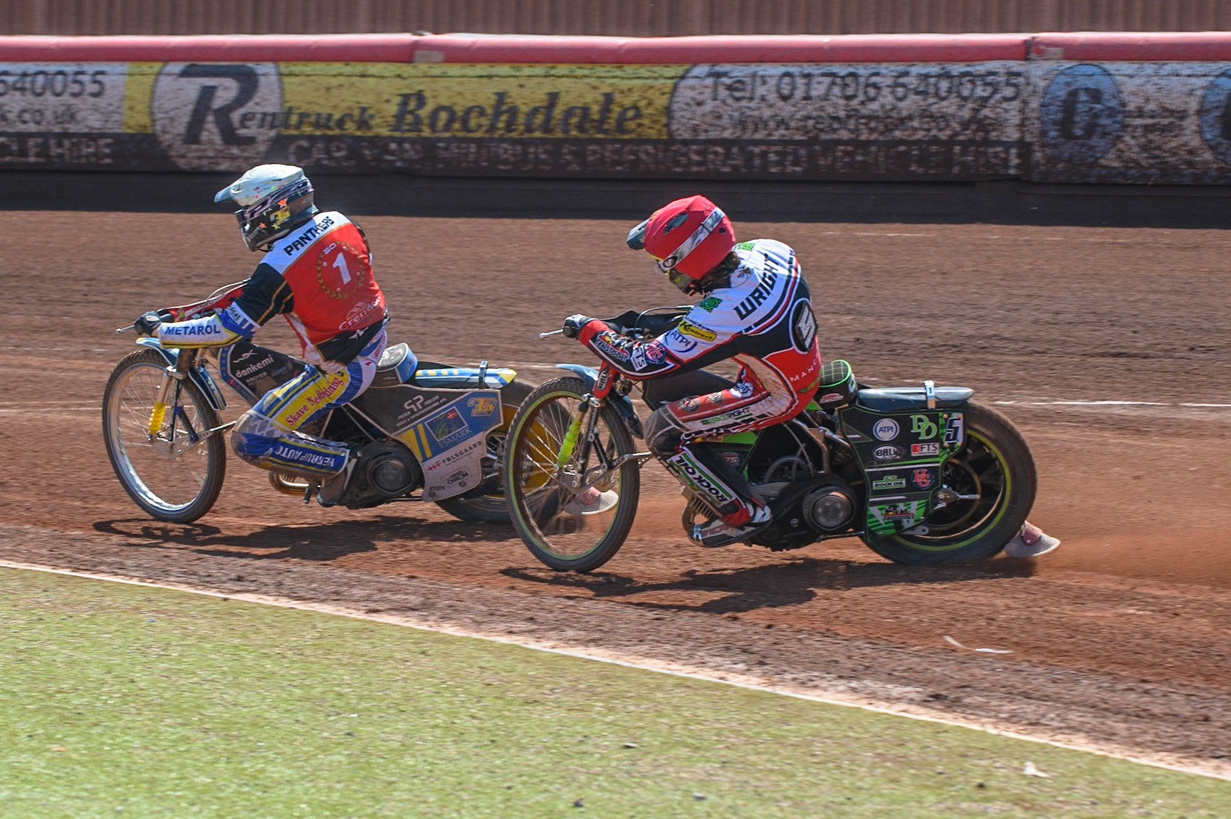 MANCHESTER, UK. MAY 31ST  Charles Wright  (Red) chases Bjarne Pedersen  (White) during the SGB Premiership match between Belle Vue Aces and Peterborough at the National Speedway Stadium, Manchester on Monday 31st May 2021. (Credit: Ian Charles | MI News)