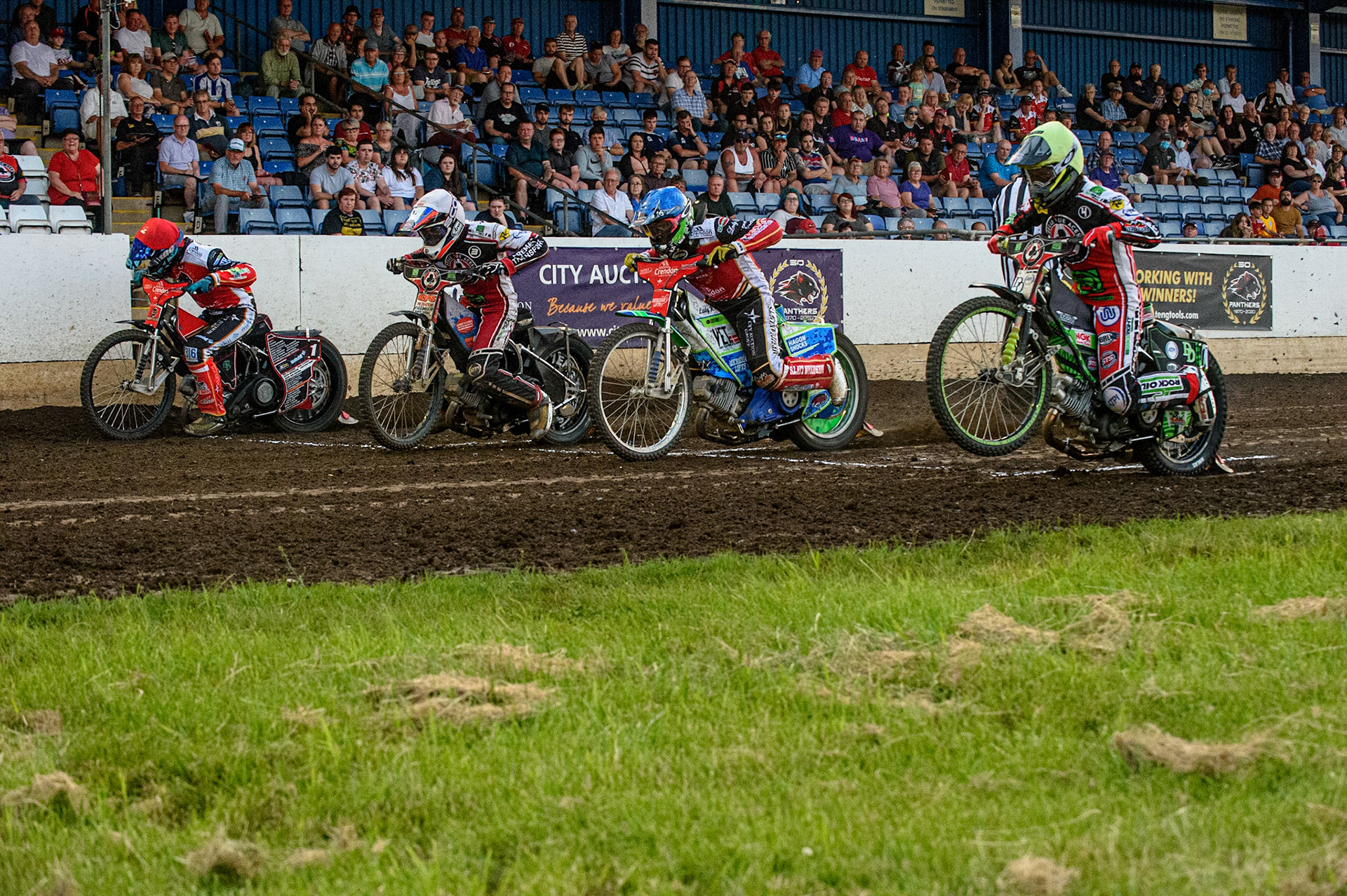 PETERBOROUGH, UK. JULY 19TH  The Start of the Heat 10 Re-Run - (l-r) Ulrich Ostergaard  (Red) Steve Worrall  (White) Hans Andersen  (Blue) and Charles Wright  (Yellow) during the SGB Premiership match between Peterborough and Belle Vue Aces at East of England Showground, Peterborough on Monday 19th July 2021. (Credit: Ian Charles | MI News)