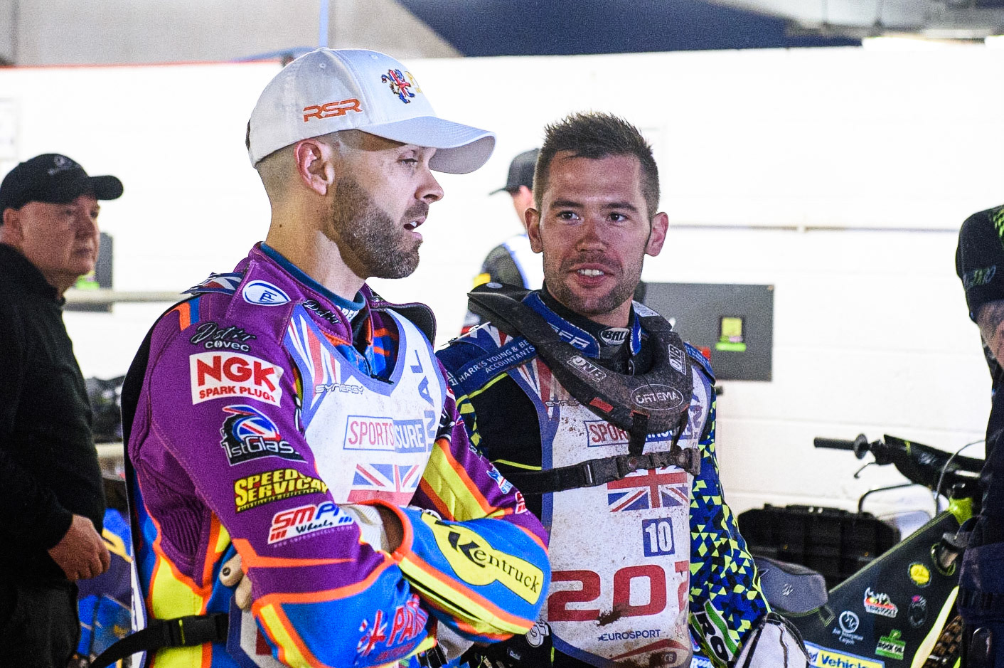 MANCHESTER, UK. AUGUST 16TH   Rory Schlein  (left) chats with Paul Starke  during the Sports Insure British Speedway Finals at the National Speedway Stadium, Manchester on Monday 16th August 2021. (Credit: Ian Charles | MI News)