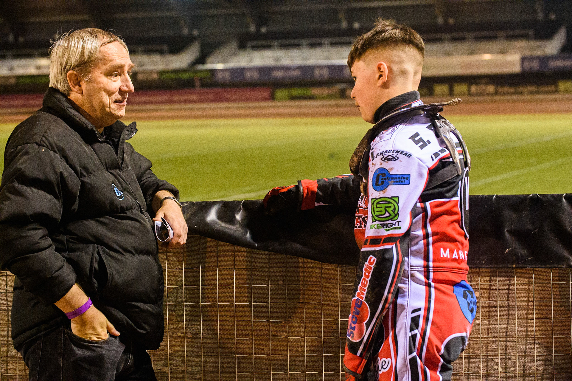 MANCHESTER, SEPT 3RD. Belle Vue Cool Running Colts  manager Graham Goodwin (left) chats with Sam McGurk  during the National Development League match between Belle Vue Aces and Mildenhall Fens Tigers at the National Speedway Stadium, Manchester on Friday 3rd September 2021. (Credit: Ian Charles | MI News)