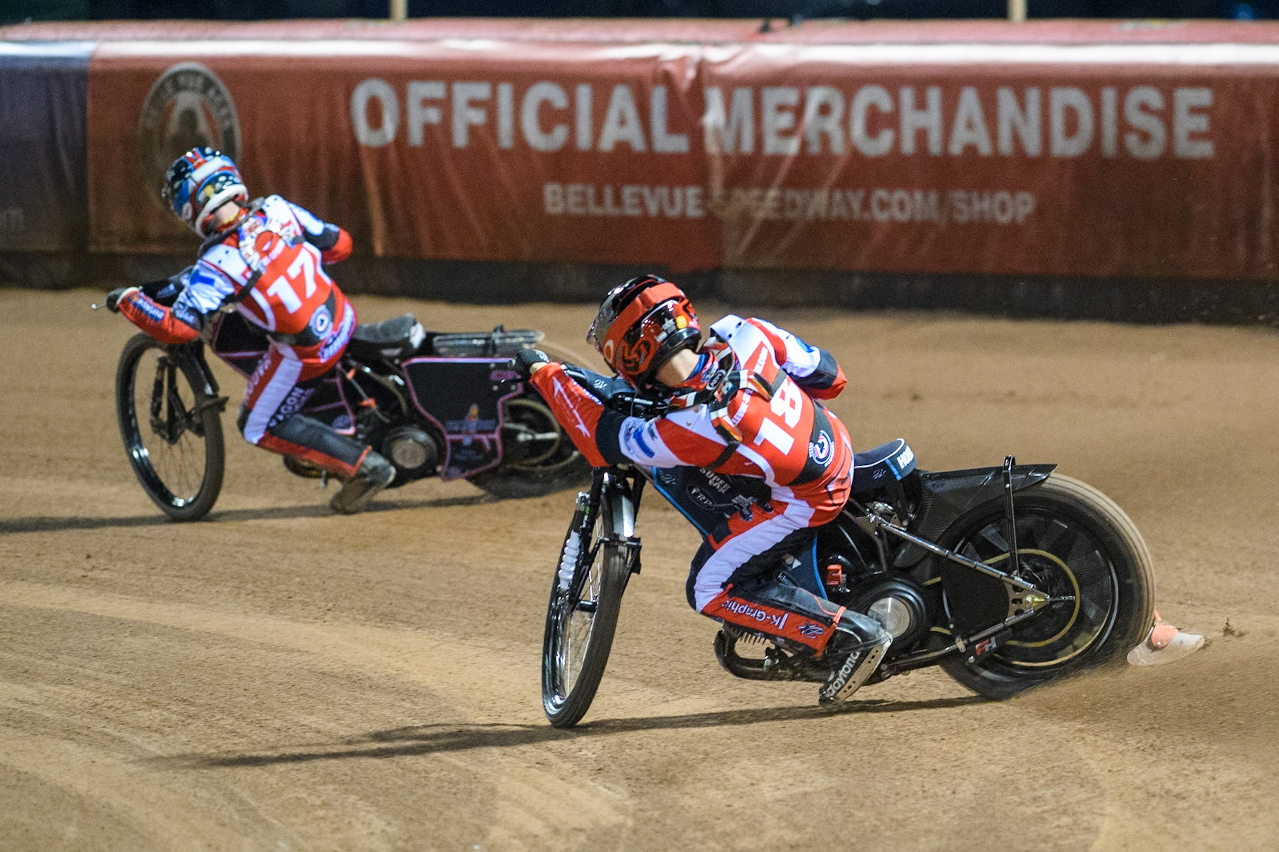Reserve Freddy Hodder chases Reserve Sam Hagon during the Peter Craven Memorial Trophy meeting at the National Speedway Stadium, Manchester on Monday 18th March 2024. (Photo: Ian Charles | MI News)