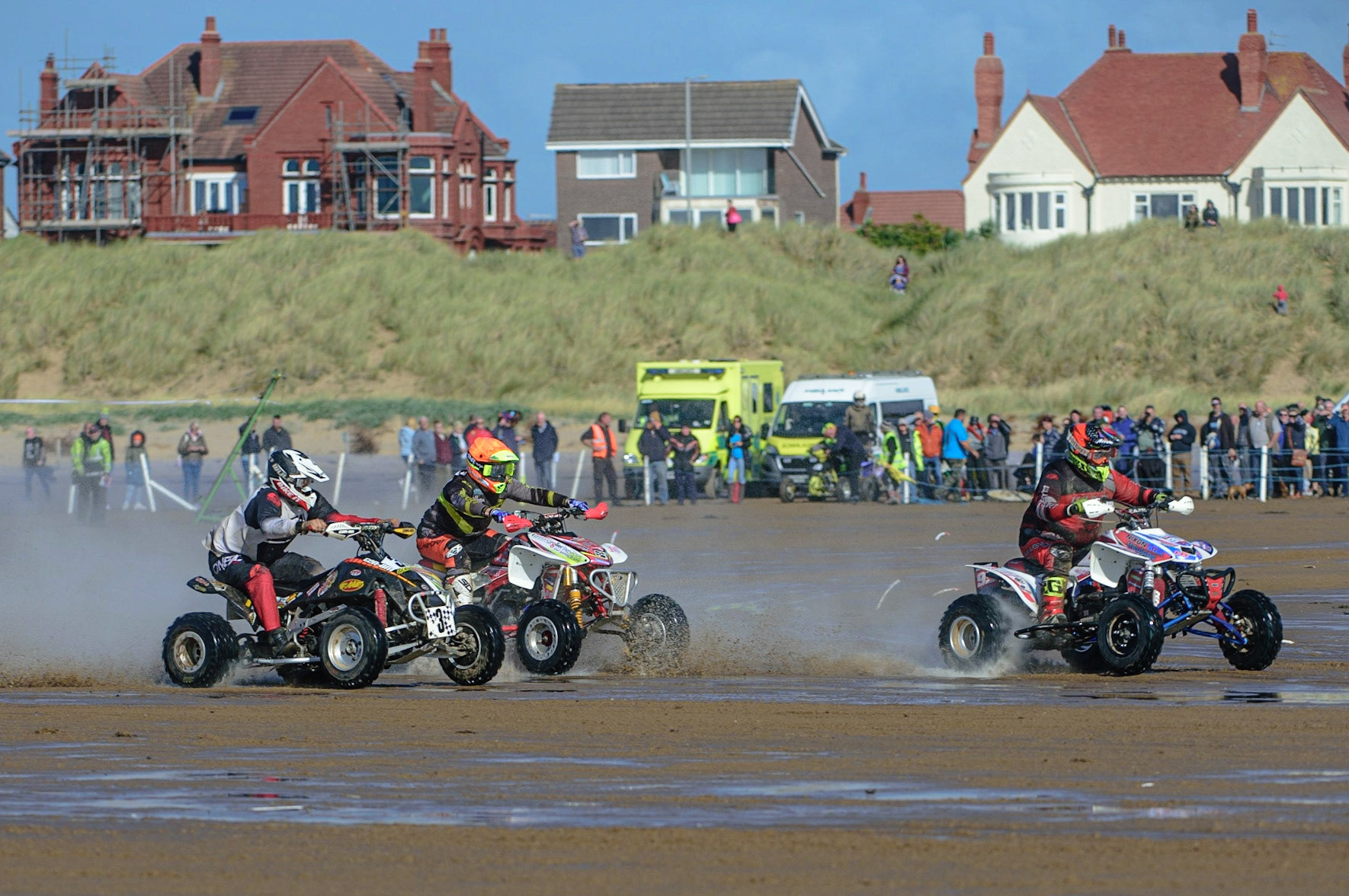 Davey Nixon (99) leads Dean Morford (3) and Steve Irwin (84) during the Fylde ACU British Sand Racing Masters Championship on  Sunday 2nd October 2022. (Credit: Ian Charles | MI News)