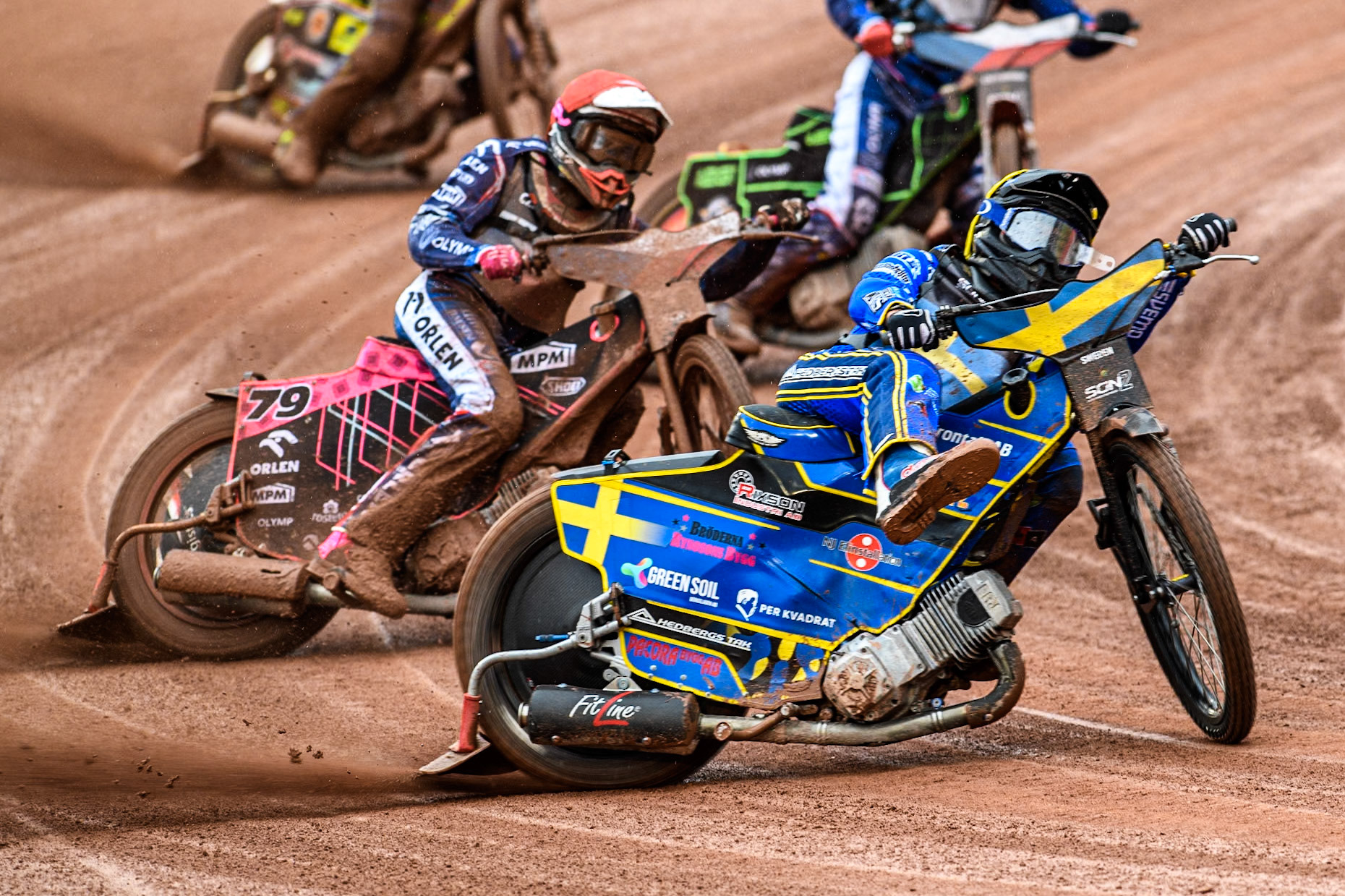 Philip Hellström-Bängs of Sweden in Yellow leading Adam Bubba Bednar of Czech Republic in Red during the Monster Energy FIM Speedway of Nations 2 (Under 21) Final at the National Speedway Stadium, Manchester on Friday 12th July 2024. (Photo: Ian Charles | MI News)