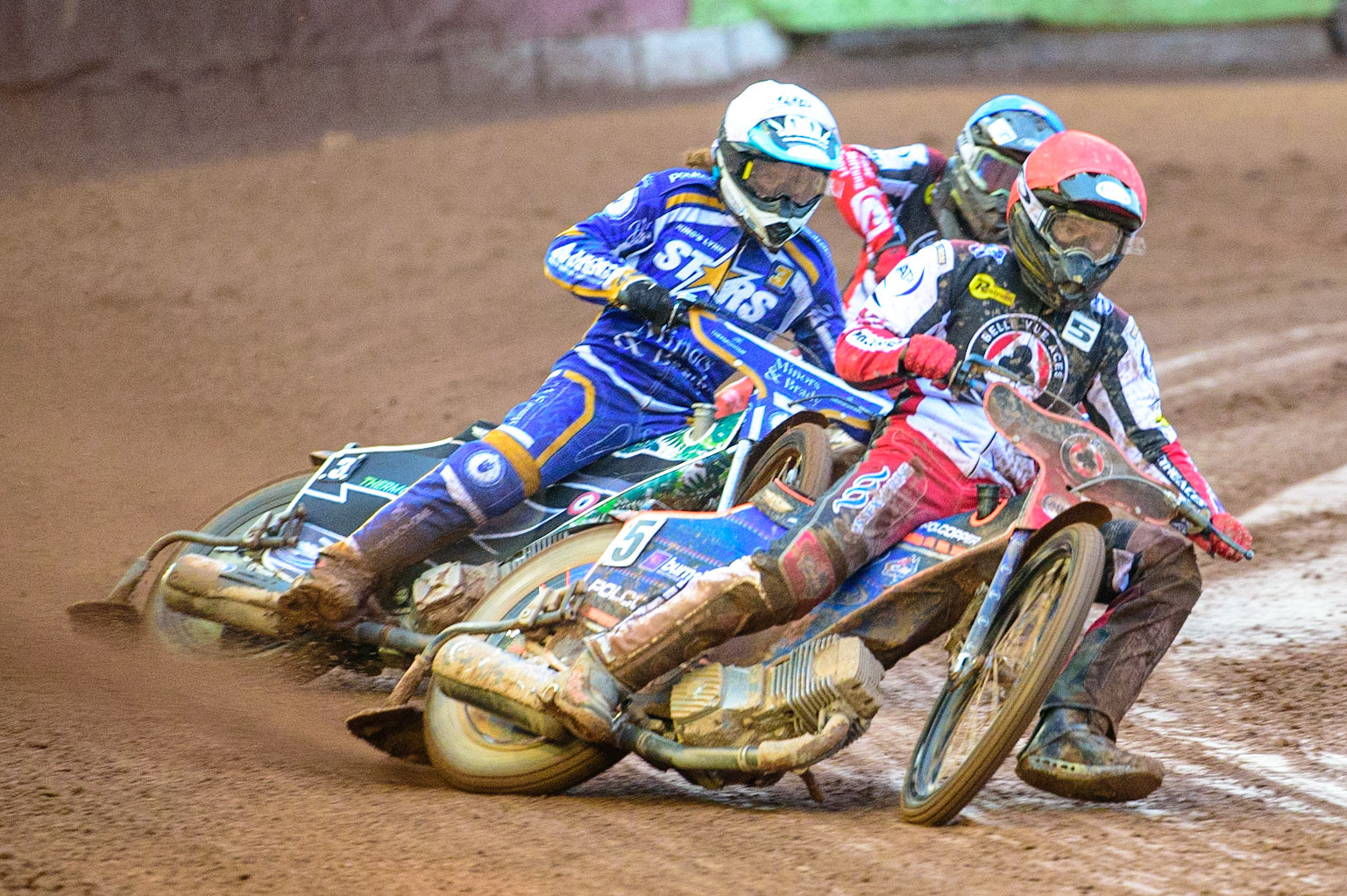 MANCHESTER, UK. MAY 16TH Brady Kurtz  (Red) leads Richard Lawson  (White) and Norick Blödorn  (Blue) during the SGB Premiership match between Belle Vue Aces and King's Lynn Stars at the National Speedway Stadium, Manchester on Monday 16th May 2022. (Credit: Ian Charles | MI News)