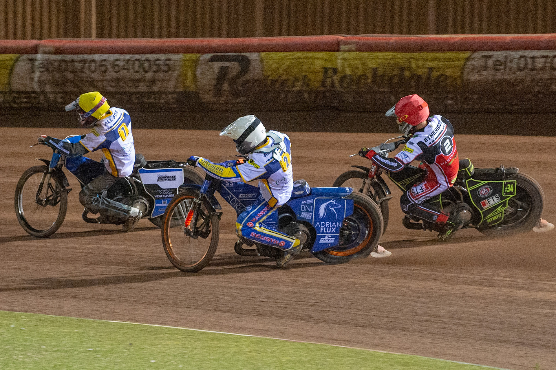 Photo: Ian CharlesJosh MacDonald of the 'ATPI' All Stars (Yellow) leads Jye Etheridge of Belle Vue 'BikeRight' Aces  (Red) and Lewis Kerr of the 'ATPI' All Stars (White)Belle Vue ‘Bikerite ’Aces v ‘ATPI’ All Stars, Premiership Challenge, National Speedway Stadium, Manchester Thursday  24  September  2020
