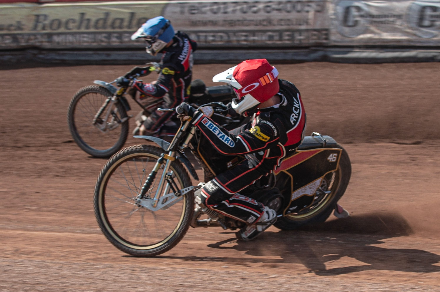 Photo: Ian Charles

Max Fricke  (Red) inside Steve Worrall  (Blue)

Belle Vue Aces v Kings Lynn Stars, British Speedway Premiership, Belle Vue National Speedway Stadium, Manchester, Monday 26  August  2019