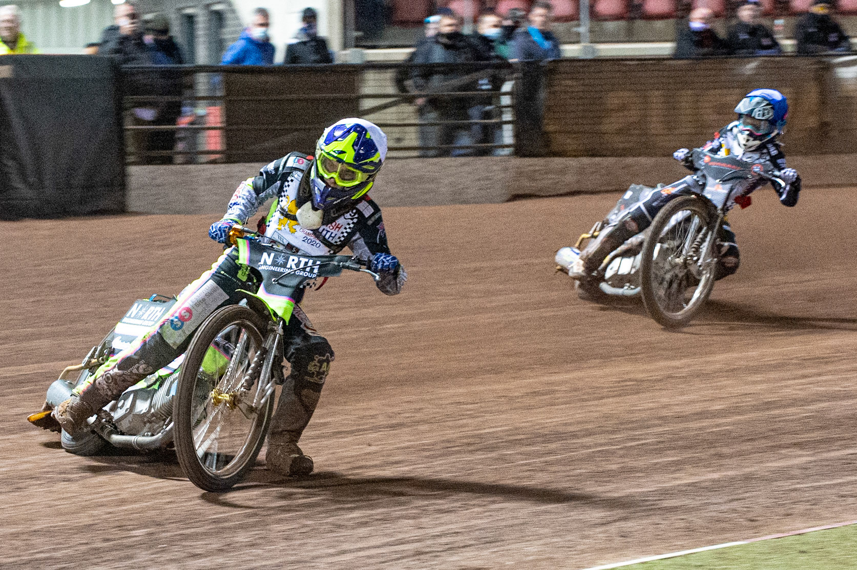 Photo: Ian CharlesAlex Goldsborough (White) leads Vinnie Foord (Blue) (500cc B Class) British Youth Speedway Championship (Round 5), National Speedway Stadium, Manchester Saturday  10  October  2020