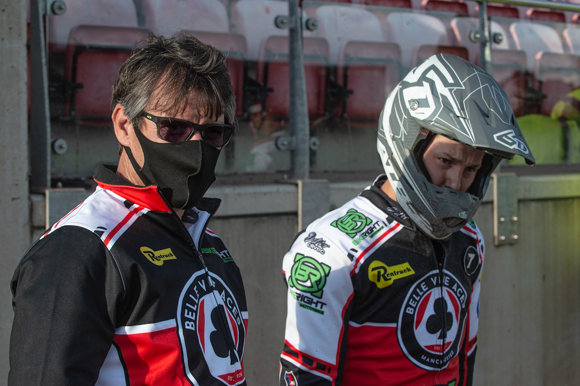 Photo: Ian CharlesMark Lemon, team manager of Belle Vue 'BikeRight' Aces (left) watches practice with Jye Etheridge of Belle Vue 'BikeRight' Aces Belle Vue ‘Bikerite ’Aces v ‘ATPI’ All Stars, Premiership Challenge, National Speedway Stadium, Manchester Thursday  24  September  2020