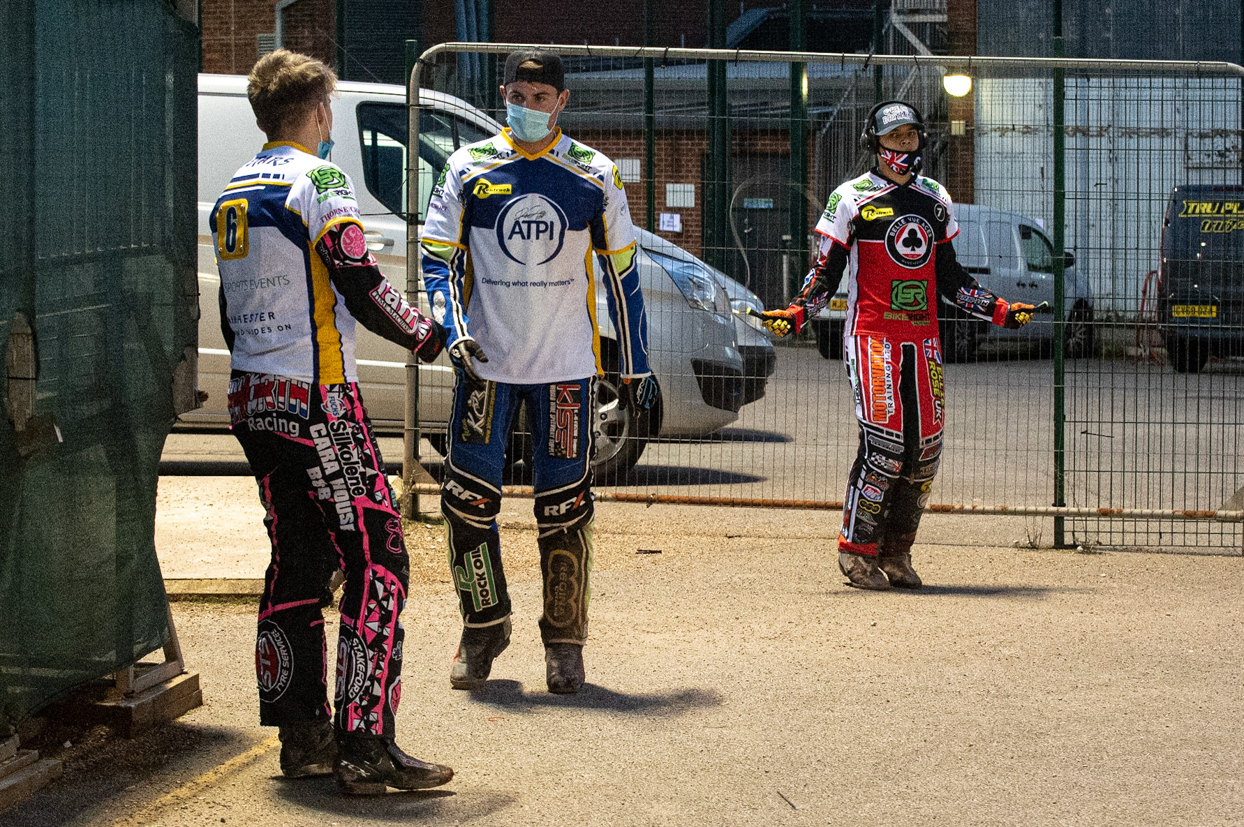 Photo: Ian CharlesRiders doing pre match warm up exercisesBelle Vue ‘Bikerite ’Aces v ‘ATPI’ All Stars, Premiership Challenge, National Speedway Stadium, Manchester Thursday  24  September  2020