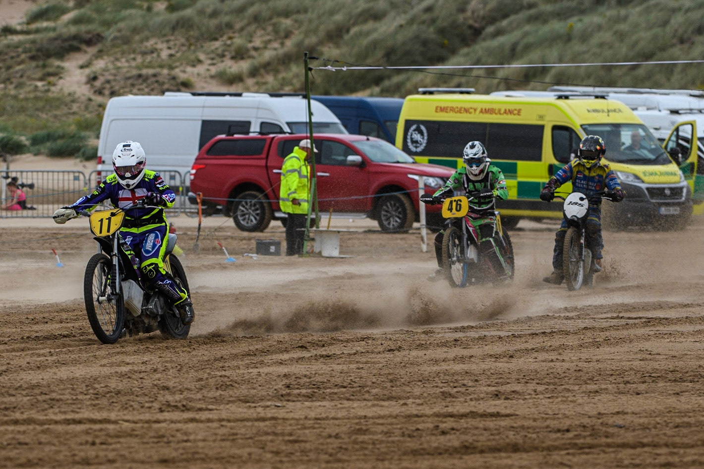 Paul Cooper (11) leads Sam Hall (46) and Dennis Smit (185) away from the start during the Fylde ACU British Sand Racing Masters Championship at  St Annes on Sea, Lancashire on Sunday 30th July 2023. (Photo: Ian Charles | MI News)