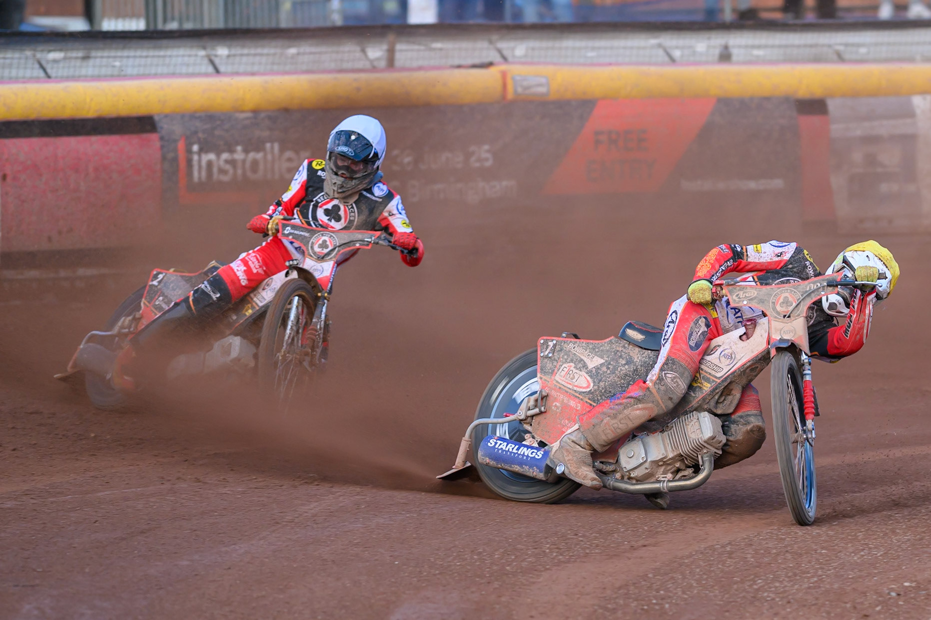 Belle Vue Aces' Jake Mulford leading team mate Norick Blodorn during the Rowe Motor Oil Premiership match between Birmingham Brummies and Belle Vue Aces at Perry Bar Stadium, Birmingham on Monday 2nd June 2025. (Photo: Ian Charles | MI News)
