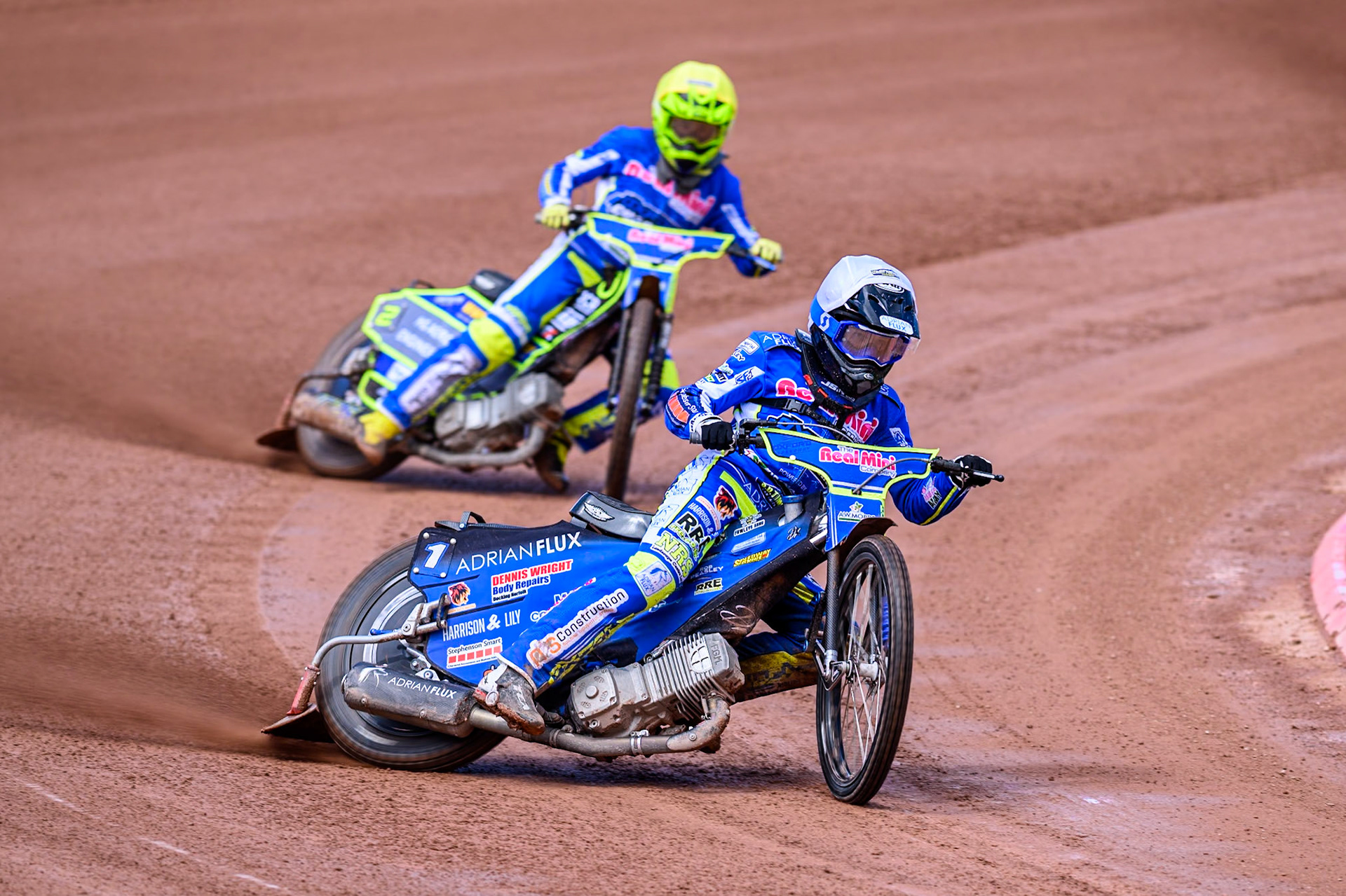 Oxford Chargers' Jody Scott  in White leading team mate  Jacob Clouting during the WSRA National Development League match between Belle Vue Colts and Oxford Chargers at the National Speedway Stadium, Manchester on Sunday 1st June 2025. (Photo: Ian Charles | MI News)