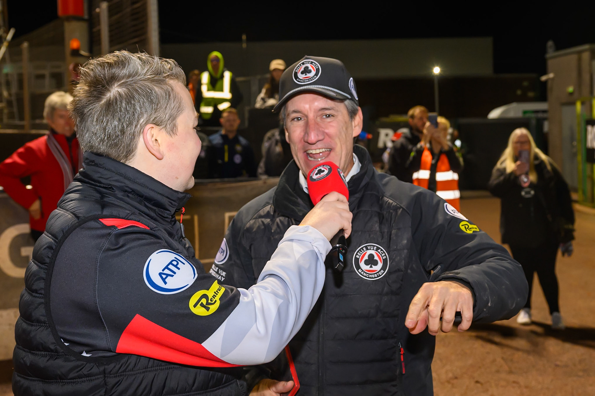 Belle Vue Presenter Lee Wild interviews an ecstatic Mark Lemon, Team Manager of Belle Vue Aces during the Rowe Motor Oil Premiership Grand Final 2nd Leg between Belle Vue Aces and Sheffield Tigers at the National Speedway Stadium, Manchester on Friday 16th October 2026. (Photo: Ian Charles | MI News)