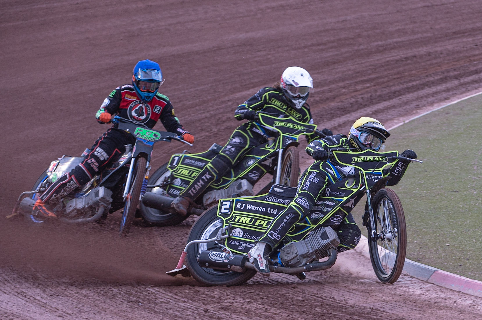 Photo: Ian Charles

Danny King  (Yellow) leads Richard Lawson  (White) and Dimitri Bergé  (Blue)

Belle Vue Aces v Ipswich Witches, British Speedway Premiership, Belle Vue National Speedway Stadium, Manchester, Monday 3  June  2019
