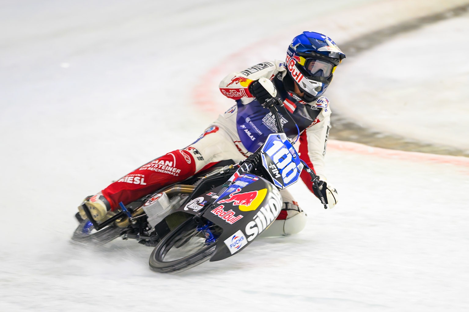 Franz Zorn (100) of Austria practices during practice for the FIM Ice Speedway Gladiators World Championship Final 3 at Ice Rink Thialf, Heerenveen on Saturday 11th April 2026. (Photo: Ian Charles | MI News)