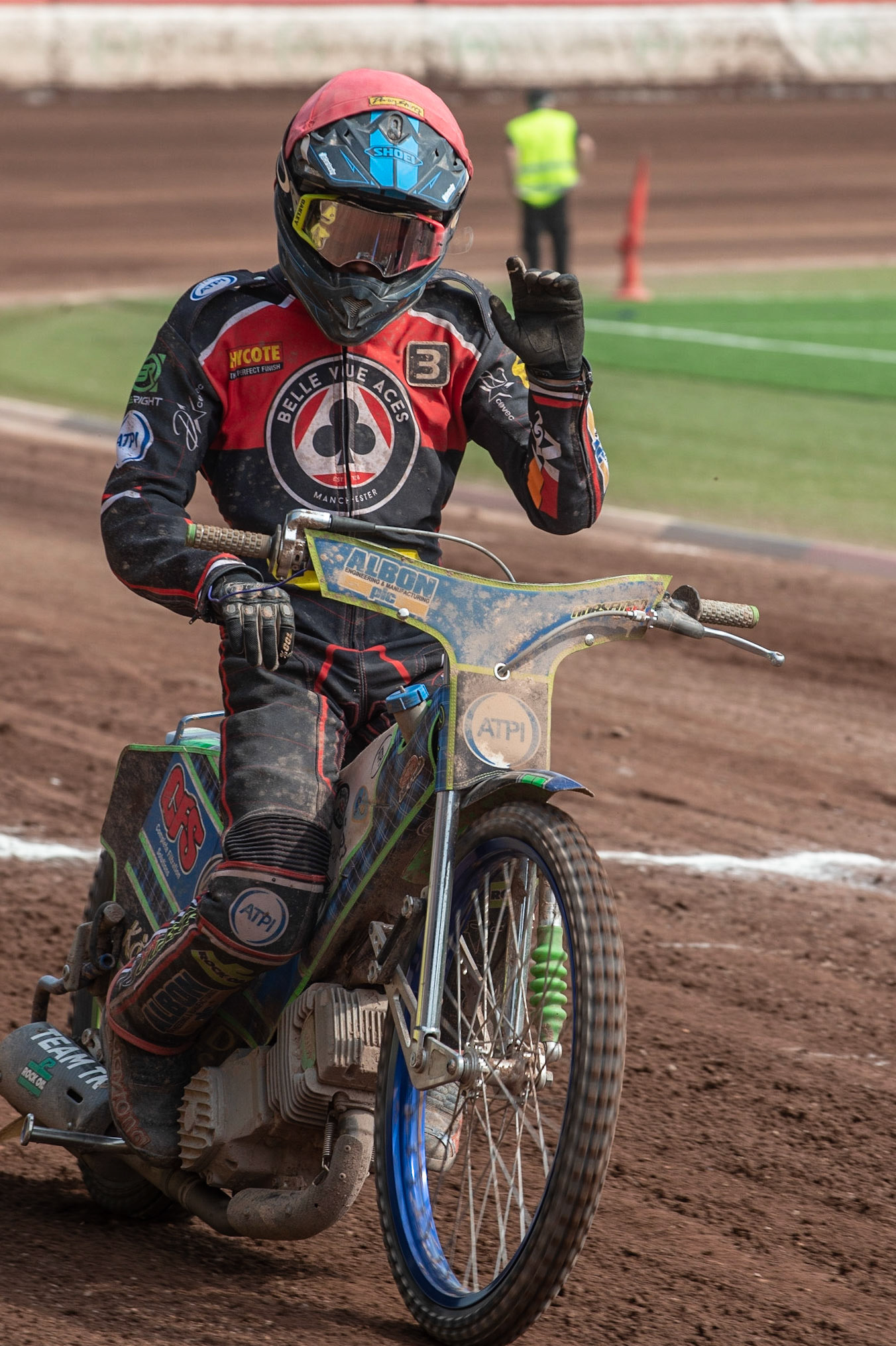 Photo by Ian Charles:

Dan Bewley  celebrates 

Belle Vue Aces v Wolverhampton Wolves, National Speedway Stadium, Manchester, Monday, 22, April, 2019