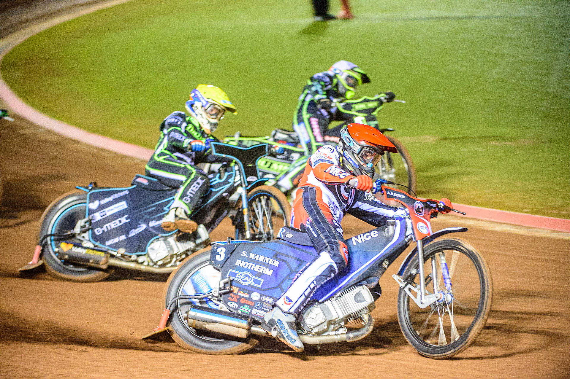 Matej Zagar  (Red) outside Danny King  (White) and Rohan Tungate  (Yellow)during the SGB Premiership Semi Final 2nd Leg between Belle Vue Aces and Ipswich Witches at the National Speedway Stadium, Manchester on Monday 3rd October 2022. (Credit: Ian Charles | MI News)