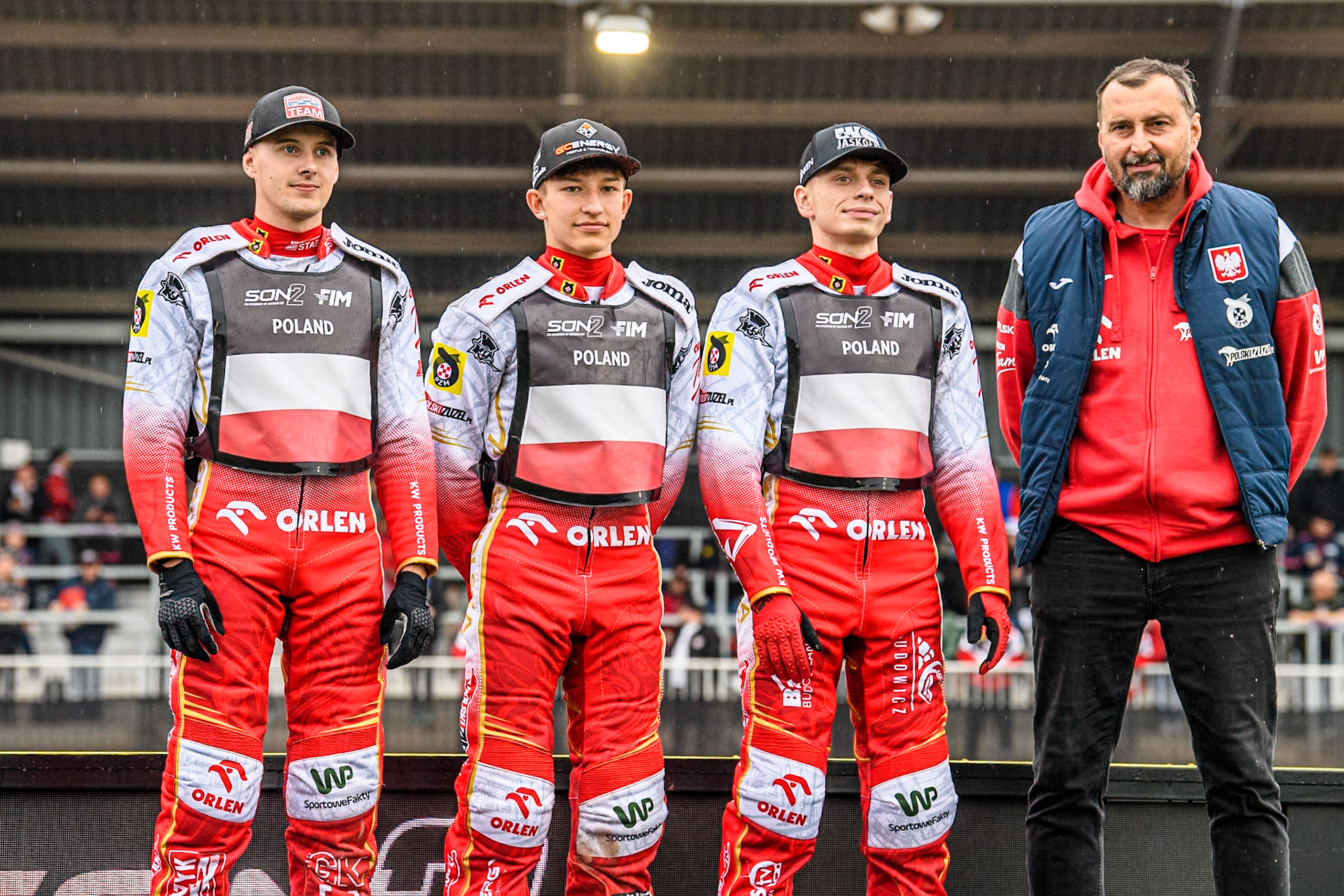 POLAND: (L to R) Wiktor Przyjemski, Bartosz Banbor, Jakub Krawczyk and Polish Team manager, Rafal Dobrucki during the Monster Energy FIM Speedway of Nations 2 (Under 21) Final at the National Speedway Stadium, Manchester on Friday 12th July 2024. (Photo: Ian Charles | MI News)