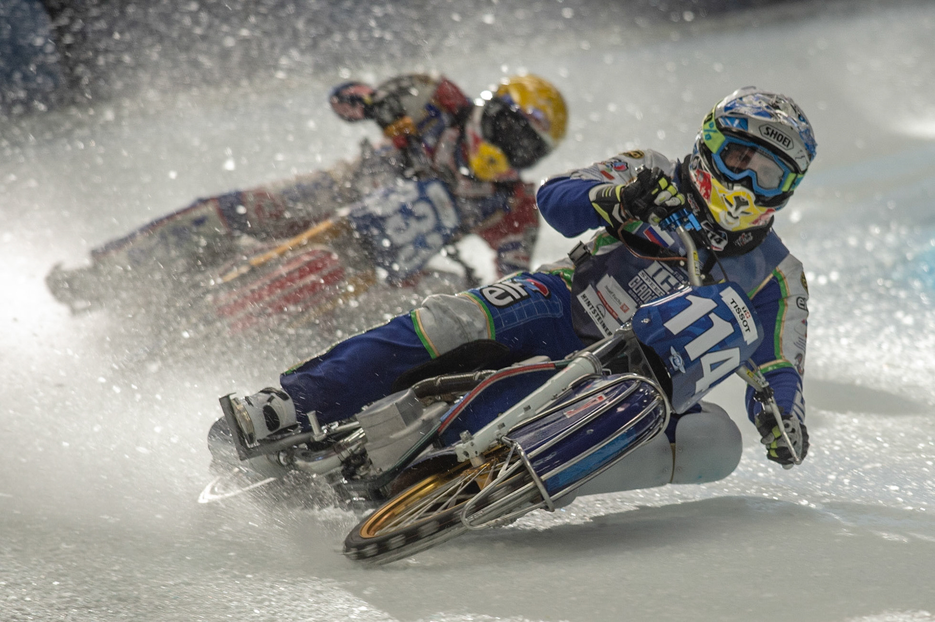 Photo: Ian Charles

Dinar Valeev (114) leads Dmitri Khomitsevich (919)

FIM Ice Speedway Gladiators World Championship, Event 4.1, Max-Aicher-Arena, Inzell, Germany, Saturday 16 March 2019