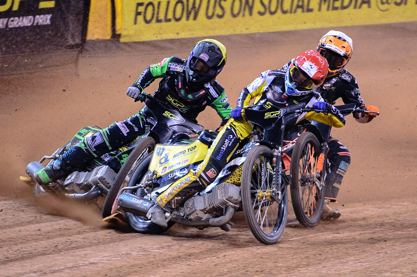 Wiktor Lampart (Poland) (Red) leads Benjamin Basso (Denmark)  (Yellow) and Kevin Juhl Pedersen (Denmark)  (White) during the FIM  Speedway Grand Prix  2 of Great Britain at the Principality Stadium, Cardiff on Sunday 14th August 2022. (Credit: Ian Charles | MI News)
