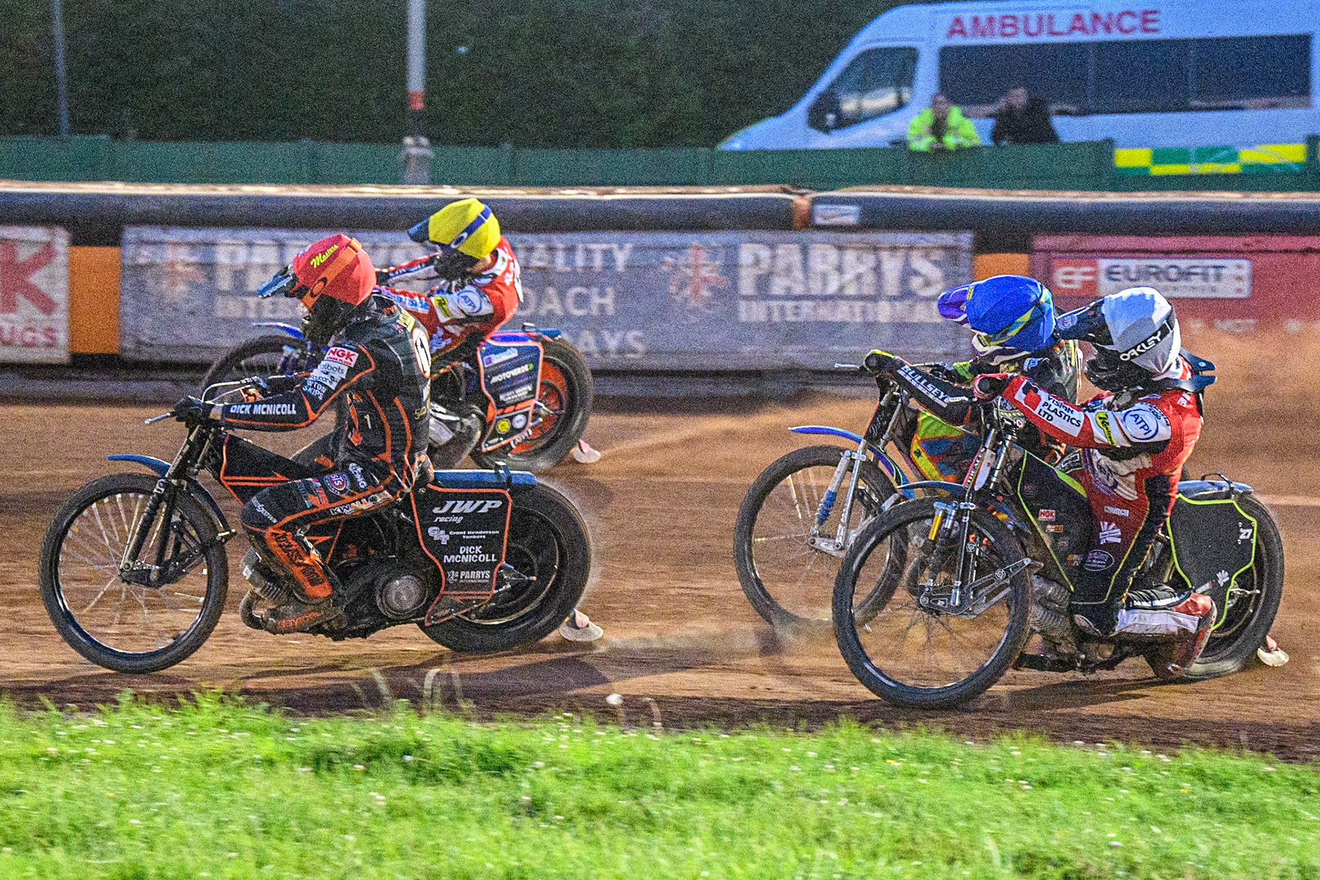 Sam Masters (Red) inside Brady Kurtz (Yellow) with Rory Schlein (Blue) and Tom Brennan (White) behind during the Sports Insure Premiership match between Wolverhampton Wolves and Belle Vue Aces at Monmore Green Stadium, Wolverhampton on Monday 10th July 2023. (Photo: Ian Charles | MI News)