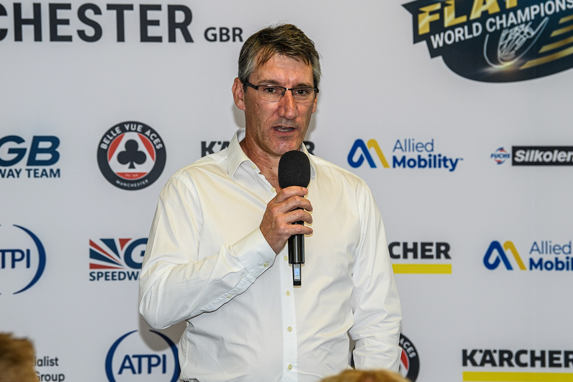 Belle Vue CEO Mark Lemon welcomes everyone to the Press Launch during the FIM Flat Track World Championship &amp; FIM Women's Speedway Academy Launch at the National Speedway Stadium, Manchester on Monday 3rd July 2023. (Photo: Ian Charles | MI News)