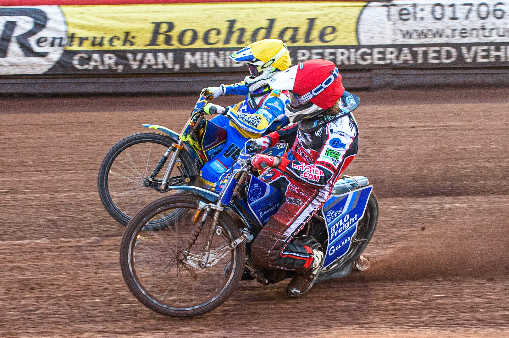 MANCHESTER, UK. JULY 23RD Harry McGurk  (Red) inside Nathan Ablitt  (Yellow) during the National Development League match between Belle Vue Colts and Eastbourne Seagulls at the National Speedway Stadium, Manchester on Friday 23rd July 2021. (Credit: Ian Charles | MI News)