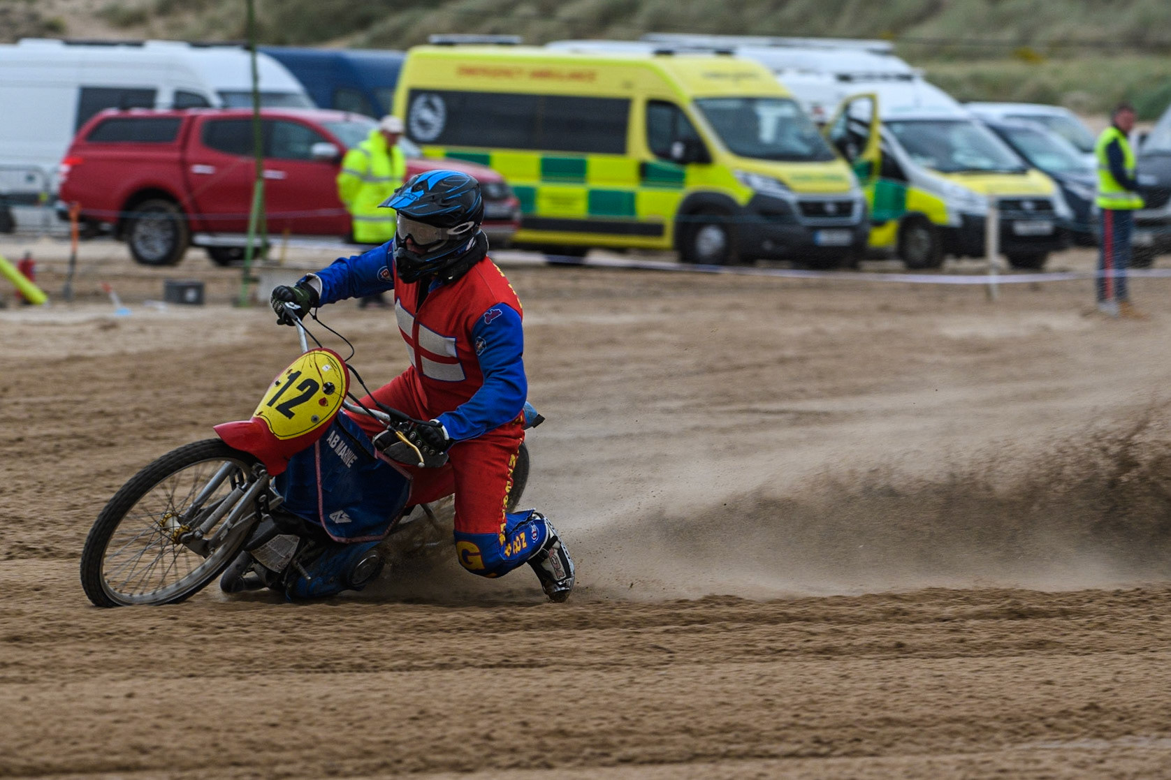 Daniel Winterton (12) kicks up the sand during the Fylde ACU British Sand Racing Masters Championship at  St Annes on Sea, Lancashire on Sunday 30th July 2023. (Photo: Ian Charles | MI News)